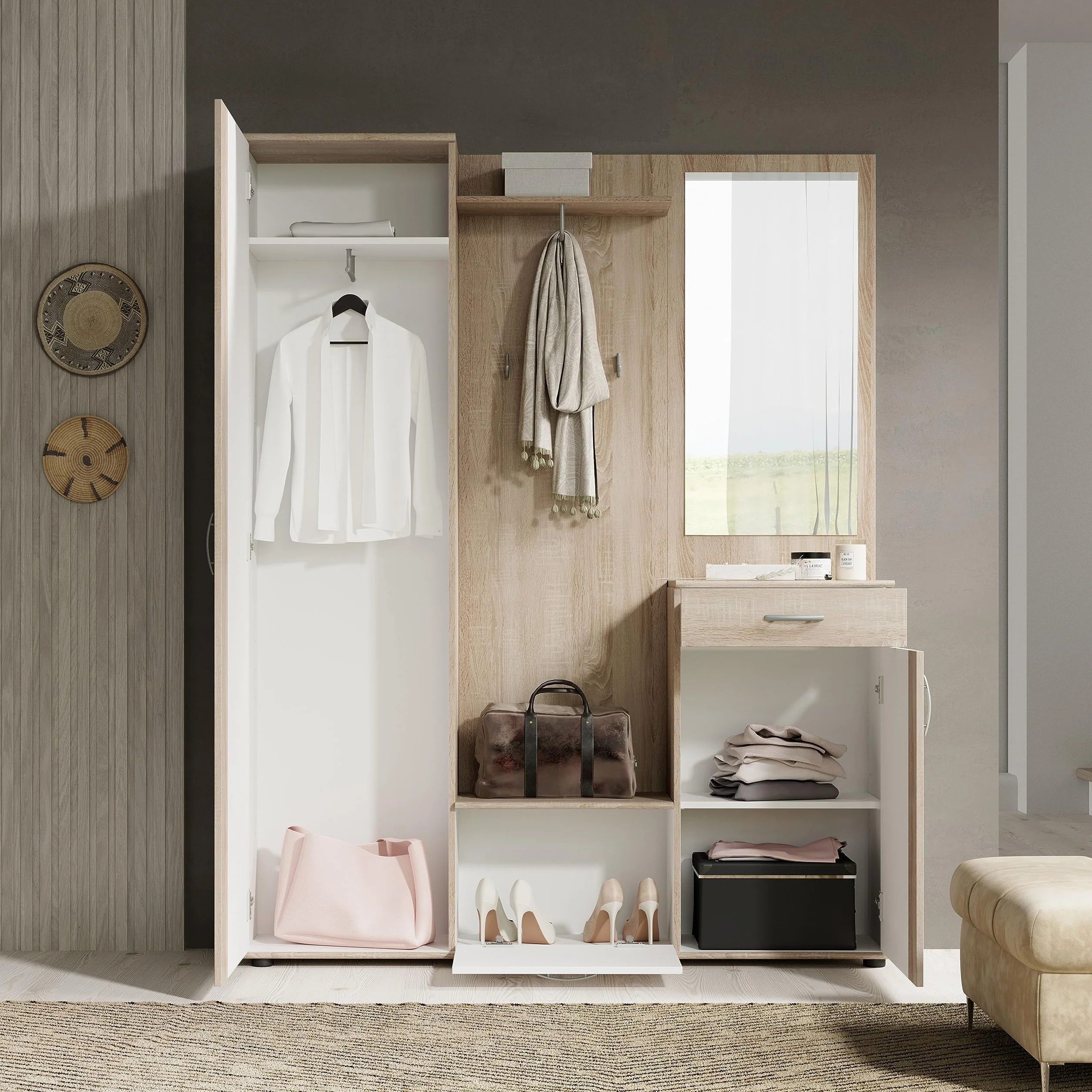 Stella Trading, PATENT Set mobili da ingresso in rovere sonoma, bianco, moderno con specchio, 145 x 184 x 29 cm