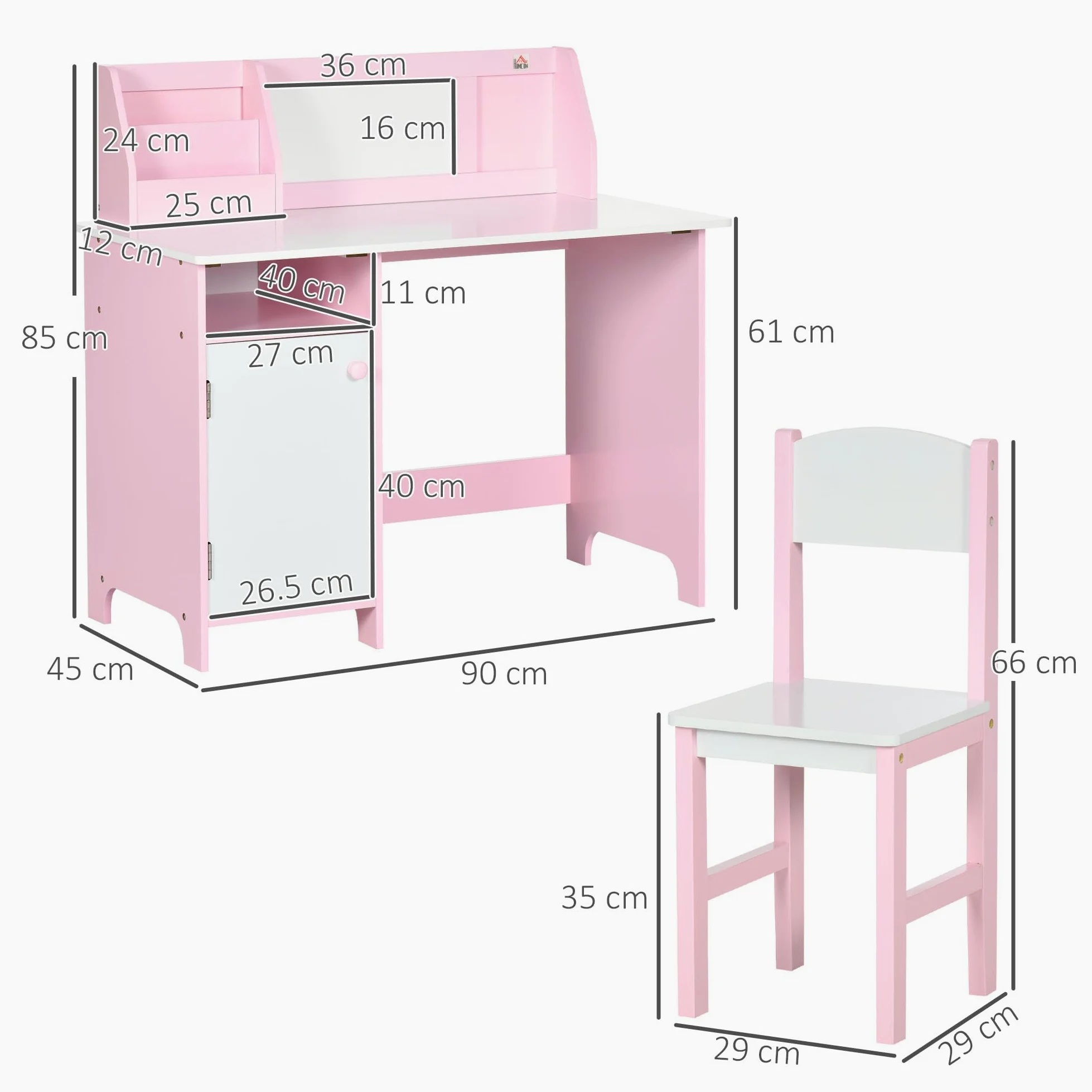 HOMCOM Set Tavolo e Sedie per Bambini 5-8 Anni in Legno con Banco Scuola, Set di Mobili per Bambini con Spazio Portaoggetti e Lavagna Bianca e Sedia, Bianco e Rosa