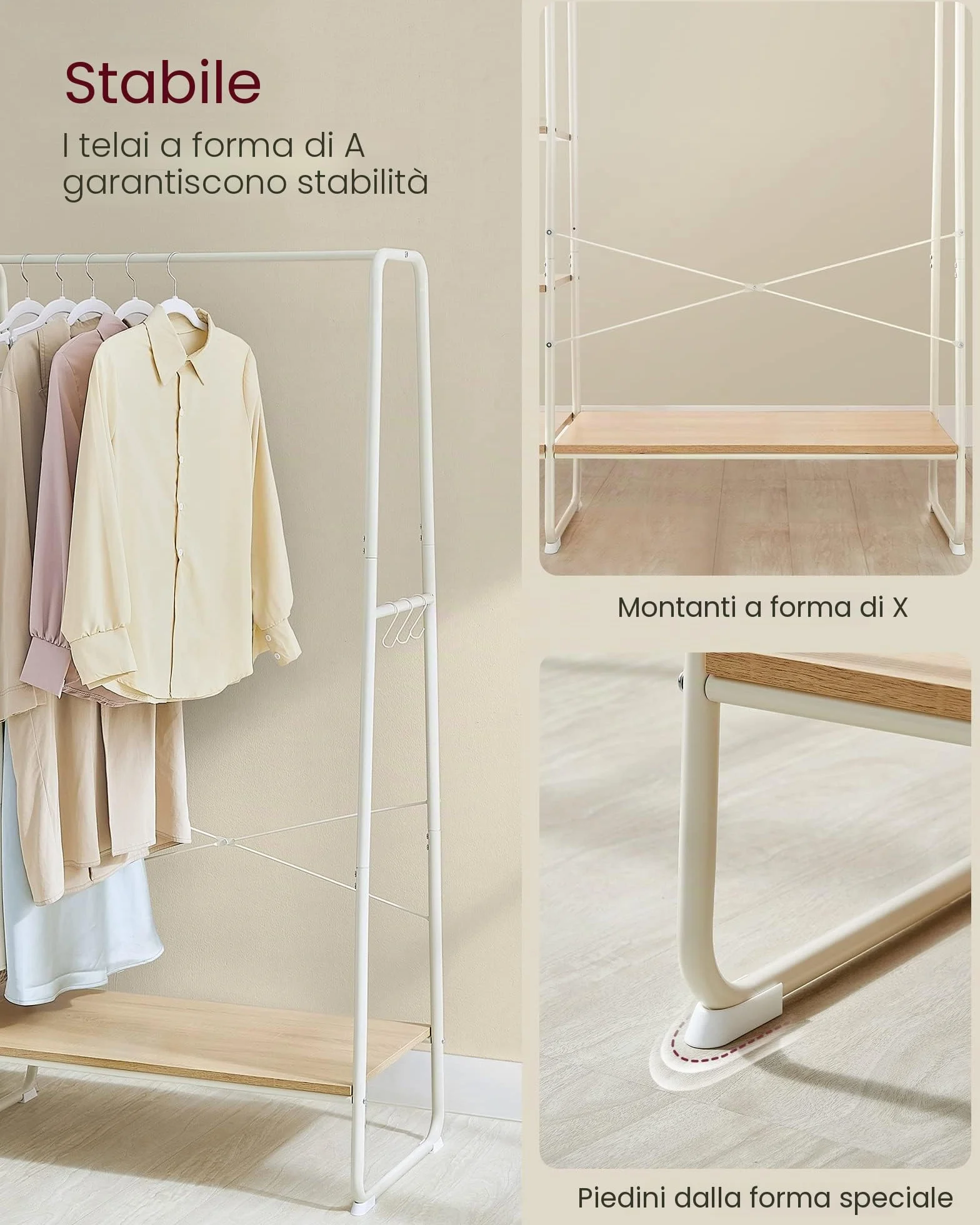 VASAGLE Appendiabiti da Terra con Scarpiera, 5 Ripiani, 6 Ganci Laterali, Rovere e Bianco Opaco RGR116W09