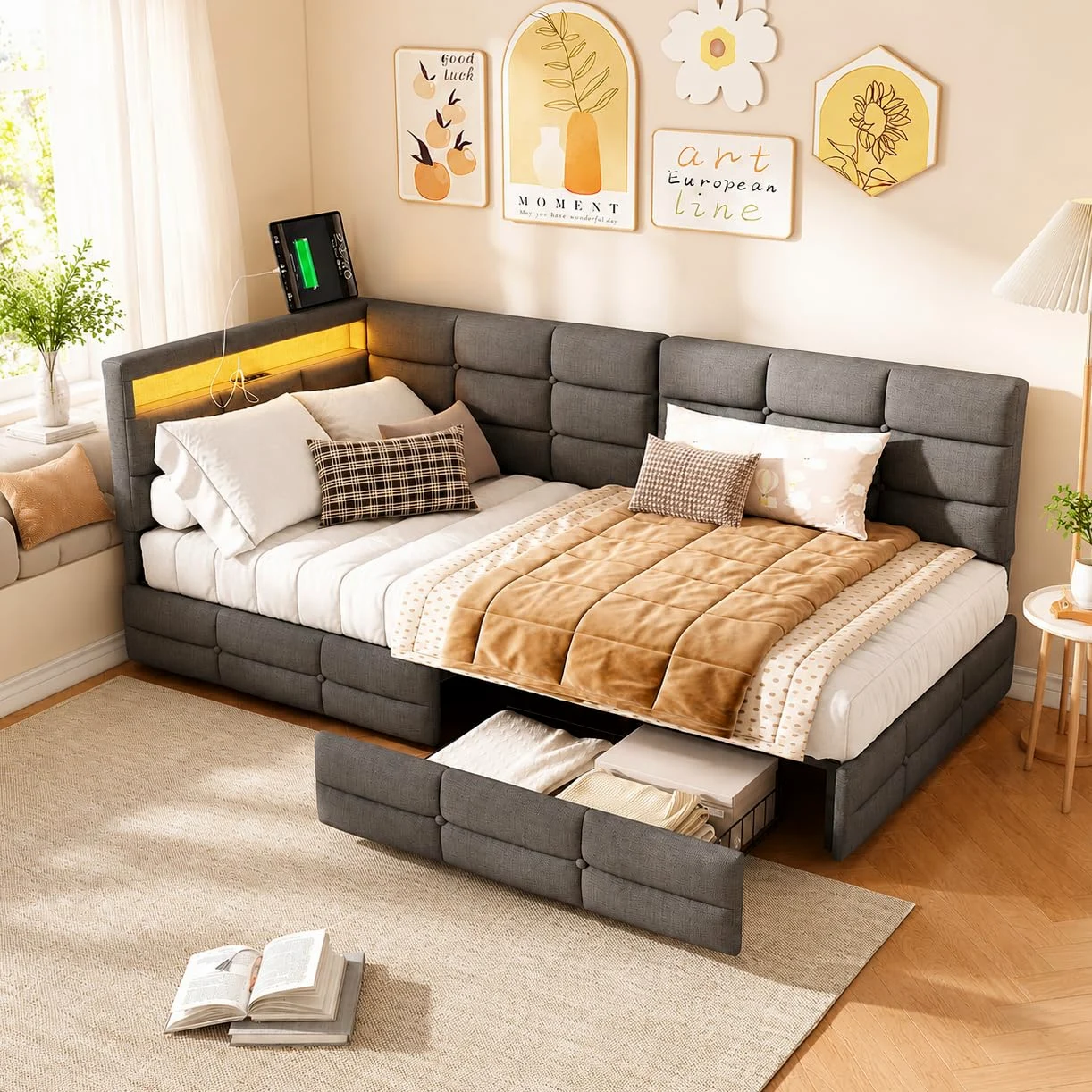 letto singolo 90 x 200 cm, con LED e stazione di ricarica USB, letto per ragazzi con 2 cassetti e rete a doghe, letto per gli ospiti, struttura del letto senza materasso