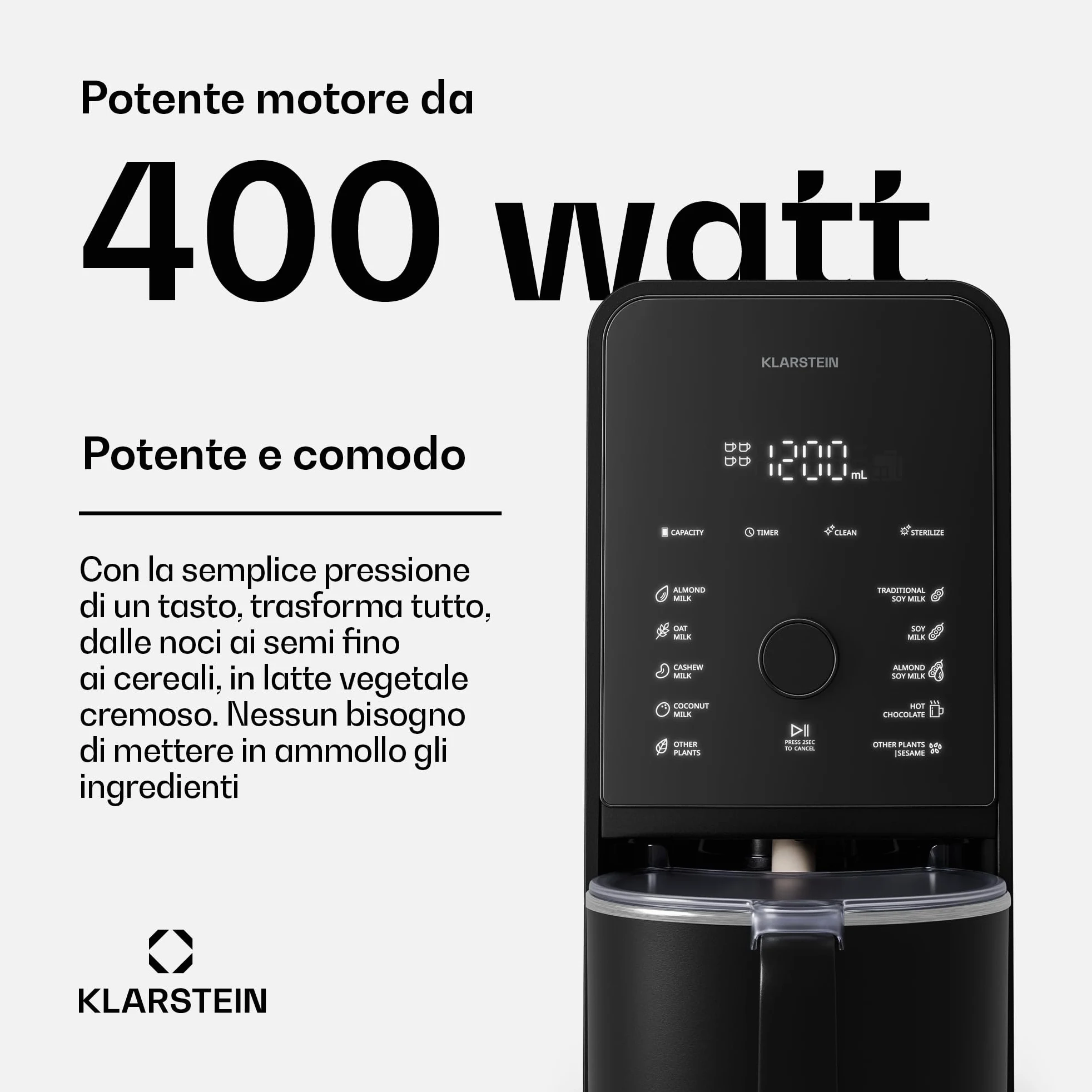 Klarstein Marcia Touch Macchina per il Latte Vegetale, 1200W, 12 Programmi, Autopulente, Display LCD, Brocca 1.2L Acciaio, per Latte di Mandorle, Avena & Noci