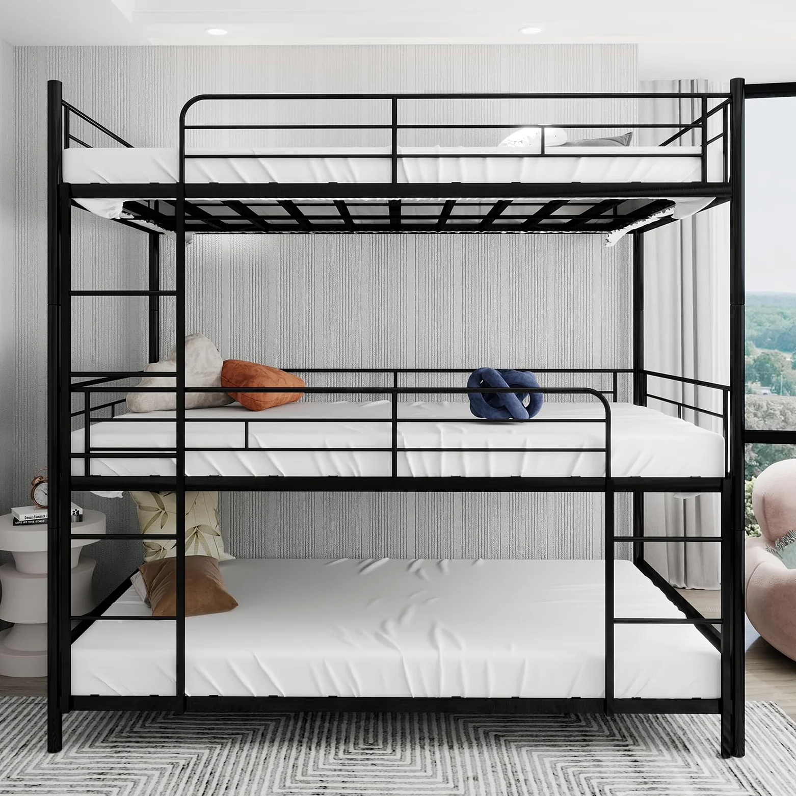 Letto a castello a tre piani, 90 x 190 cm, con scaletta, in metallo nero, per bambini/adolescenti/adulti, camera da letto/dormitorio (senza materasso)
