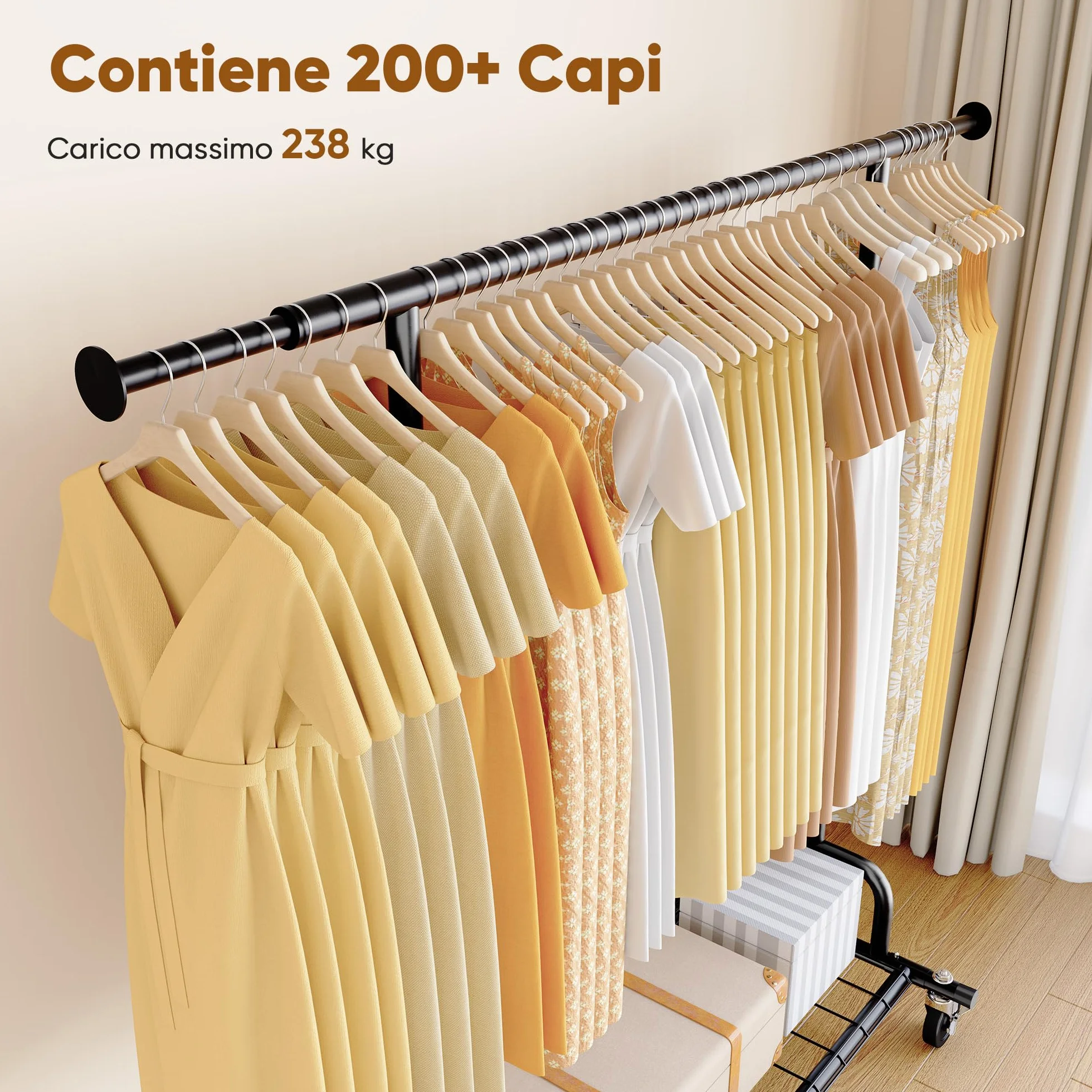 HOKEEPER Appendiabiti da Terra Resistente 238kg, Barra Estensibile con Ruote Bloccabili e Ripiano, Salvaspazio per Camera da Letto, Appartamento, Lavanderia, Nero