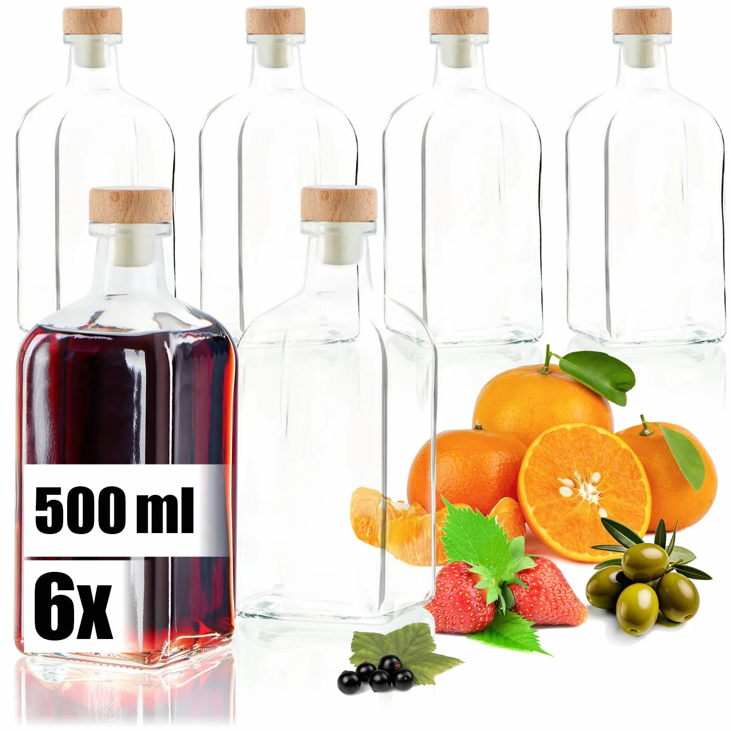 6x Bottiglie in Vetro 500 ml con Tappo in Sughero, Contenitori Vuoti per Olio, Aceto o Liquori