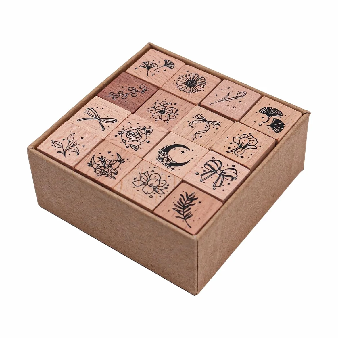 Set di timbri in Legno da 16 Pezzi, timbri Decorativi in Legno Che combinano Piante e Stelle Set di timbri per Artigianato Fai-da-Te Creazione di Biglietti Calendari