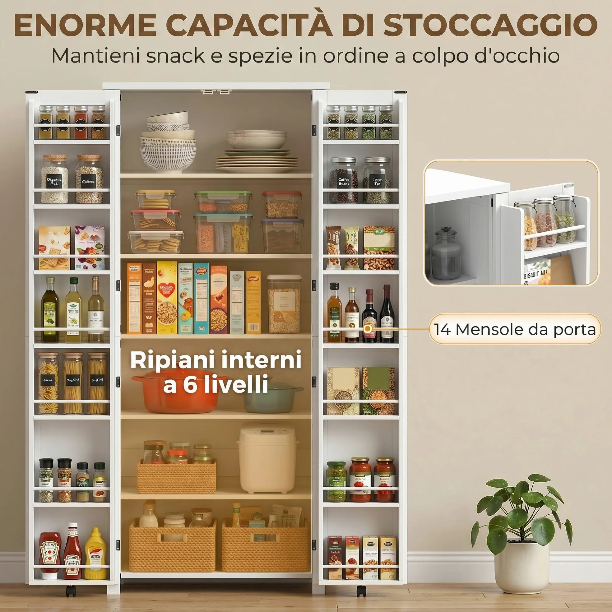 HOMCOM Credenza Cucina Alta 180cm, Mobile Dispensa con Ruote, Doppie Ante, 6 Ripiani, 14 Scomparti Portaspezie sulla Porta, Ripiani Regolabili, Mobile Cucina per Sala da Pranzo Soggiorno, Bianco