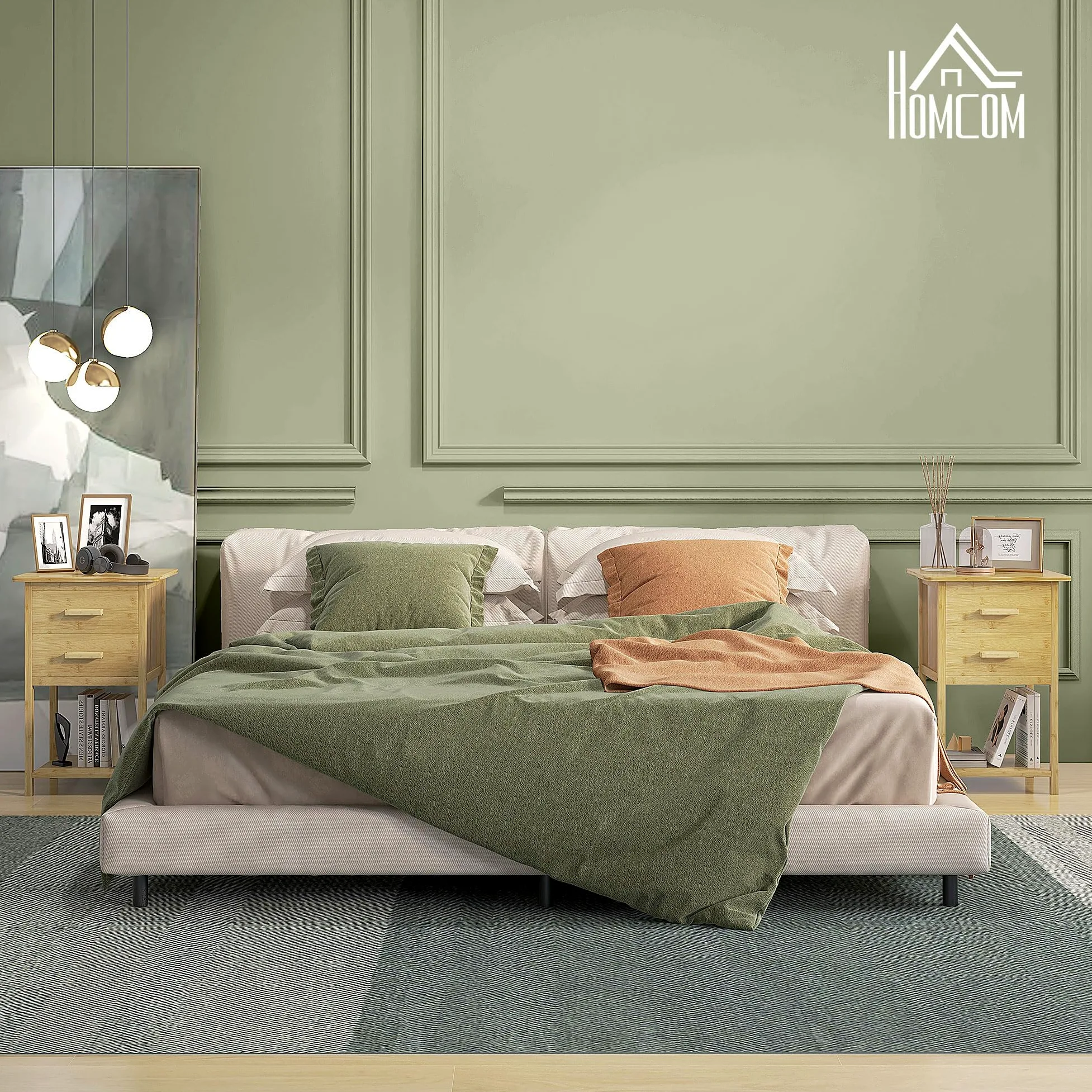 HOMCOM Set 2 Comodini con 2 Cassetti e Ripiano, 40x34x60 cm, Color Legno | Ripiano Inferiore, Stile Nordico, Comodini Moderni in Bambù