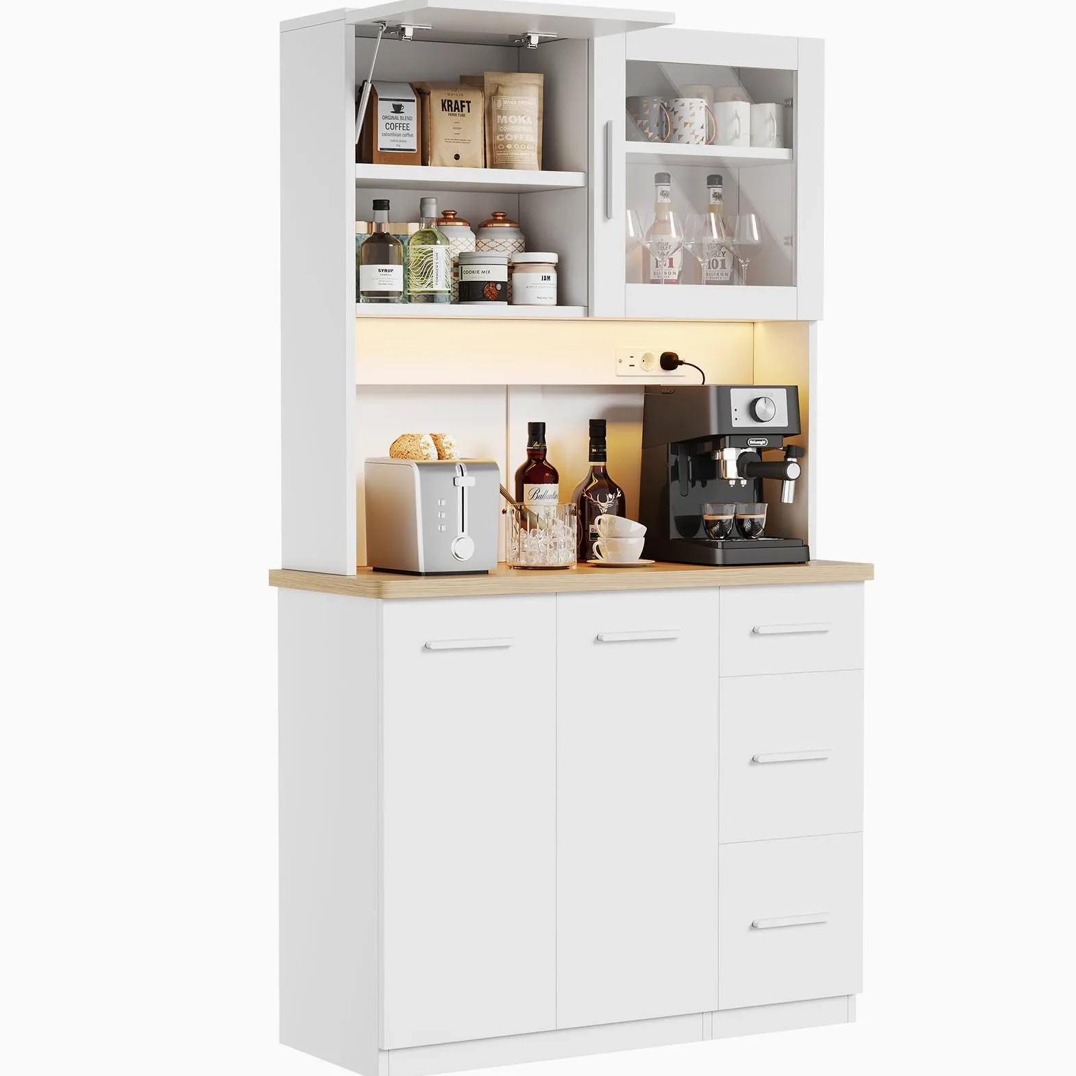 Devoko Mobile da cucina, credenza, armadio alto con prese di corrente e strisce LED 3000 K, con piano di lavoro da 24 mm, ripiani regolabili, 3 cassetti, 100 x 40 x 182 cm (Bianco)