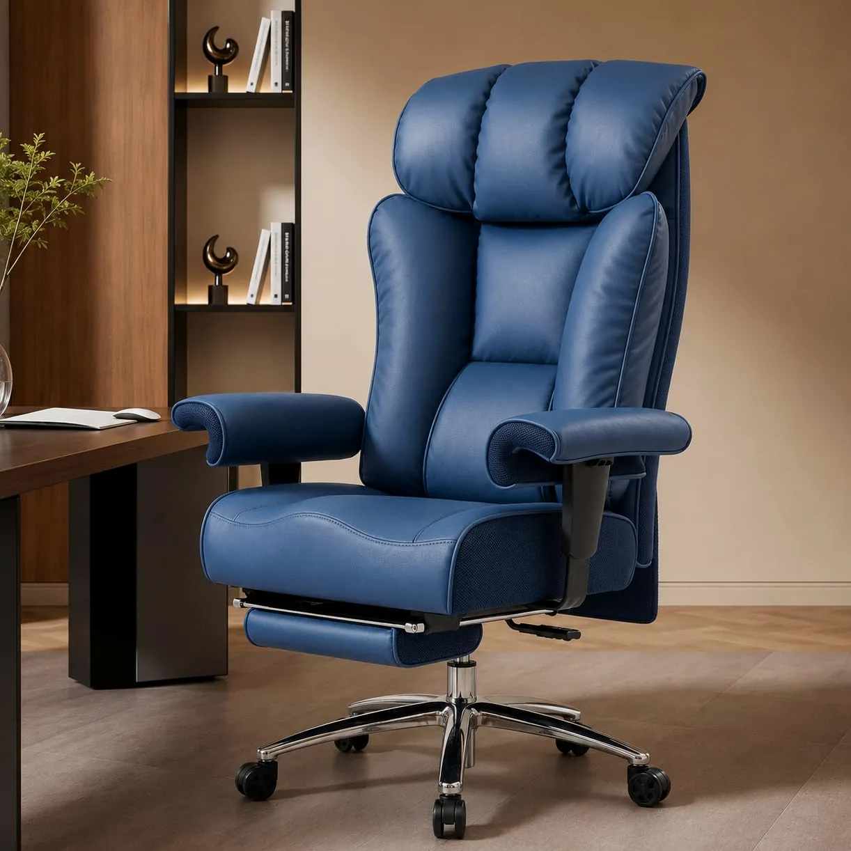 Efomao Sedia da Ufficio Ergonomica, Poltrona Direzionale in Ecopelle PU con Poggiapiedi Estraibile, Sedia da Scrivania Reclinabile con Imbottitura Spessa, Supporto Lombare, Portata 200kg (blu)
