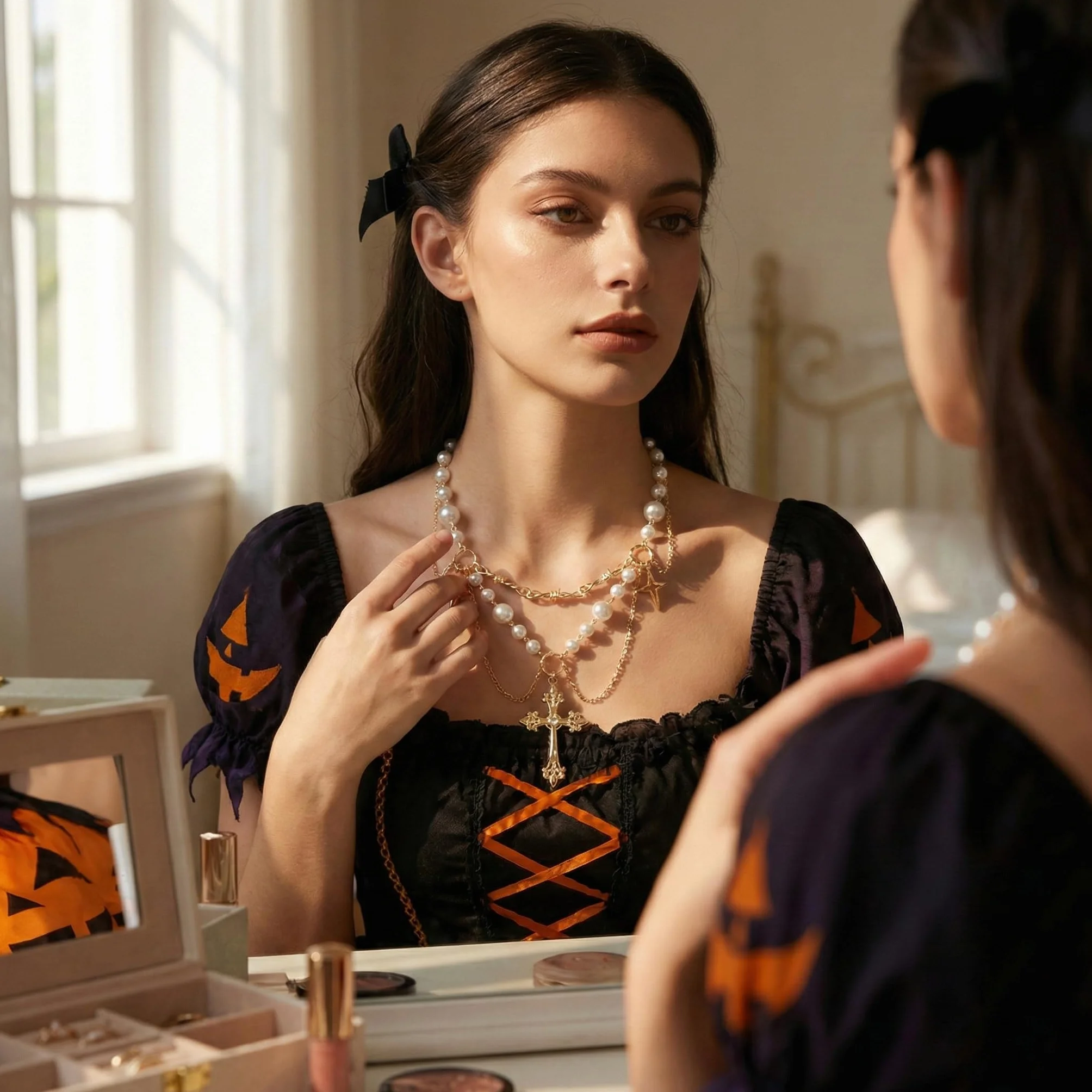 Collana Gotica con Croce Dorata Cristallo e Perla Sintetica Regolabile