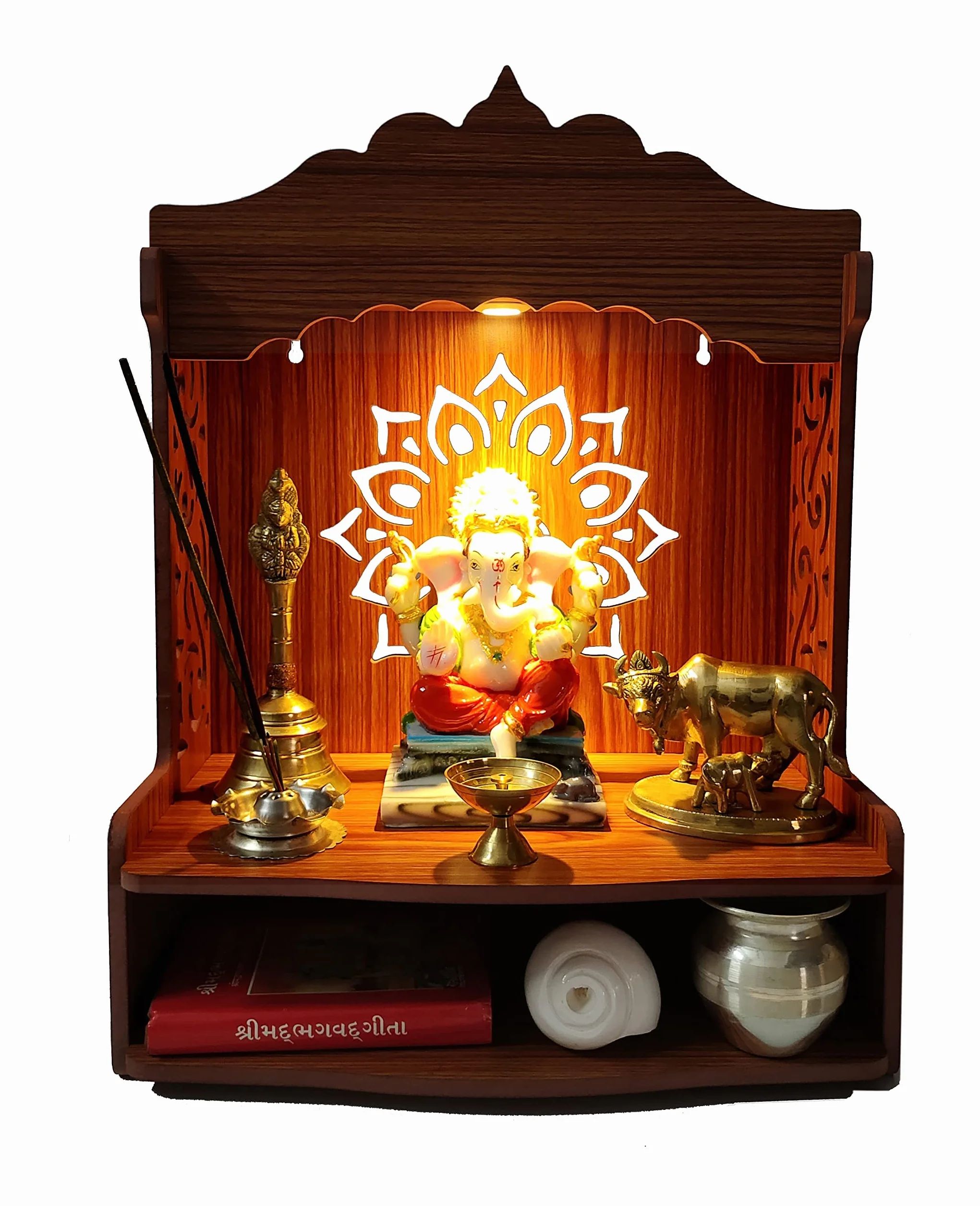 DIVOKAH Bellissimo Pooja Mandir w drewnie do domu i biura z lampką LED 8 mm