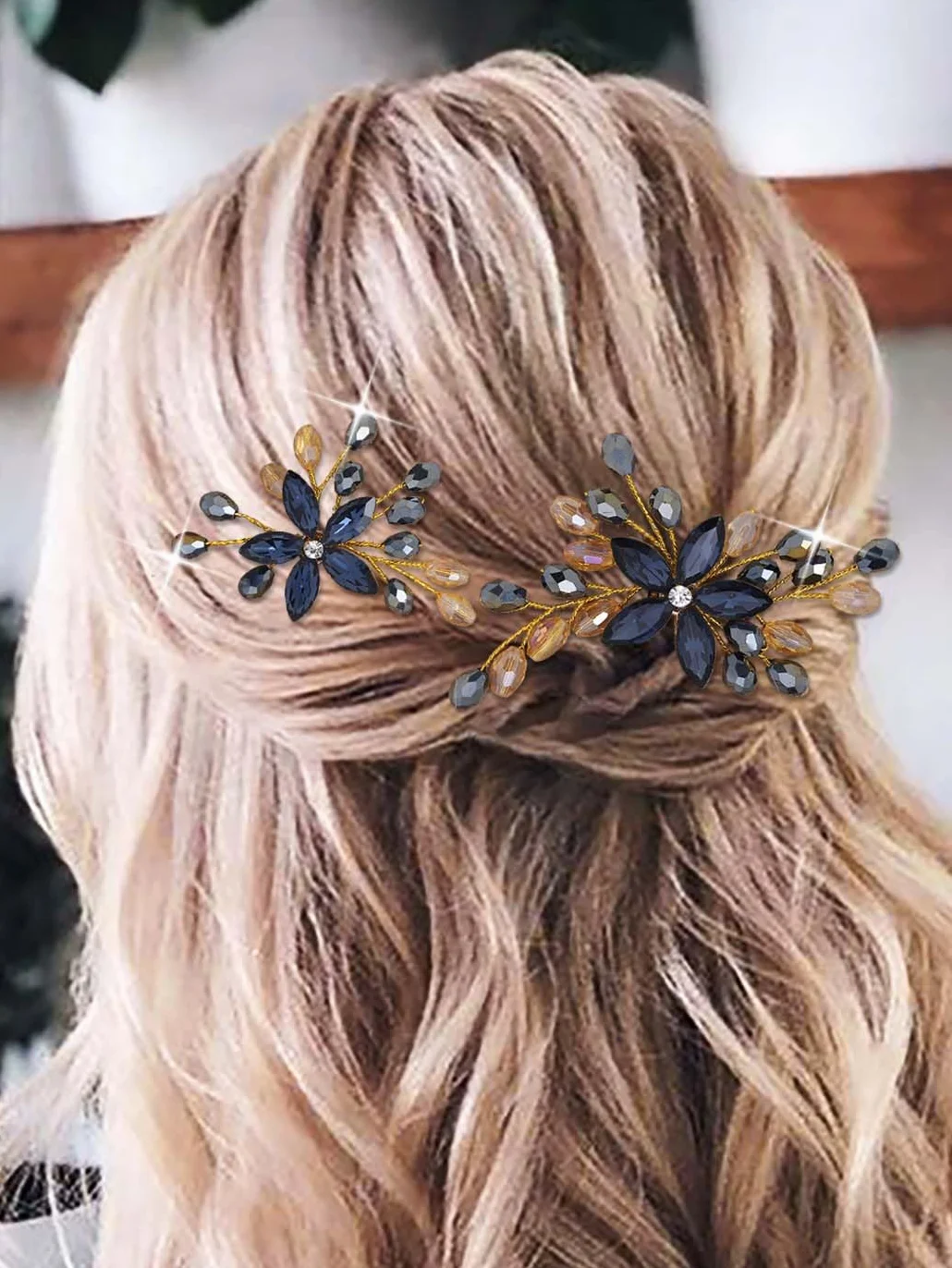 Strass Matrimonio Fermagli Capelli Blu Marina Fiore Cristallo Barocco Damigella D'onore Prom Accessori Donne Confezione da 2