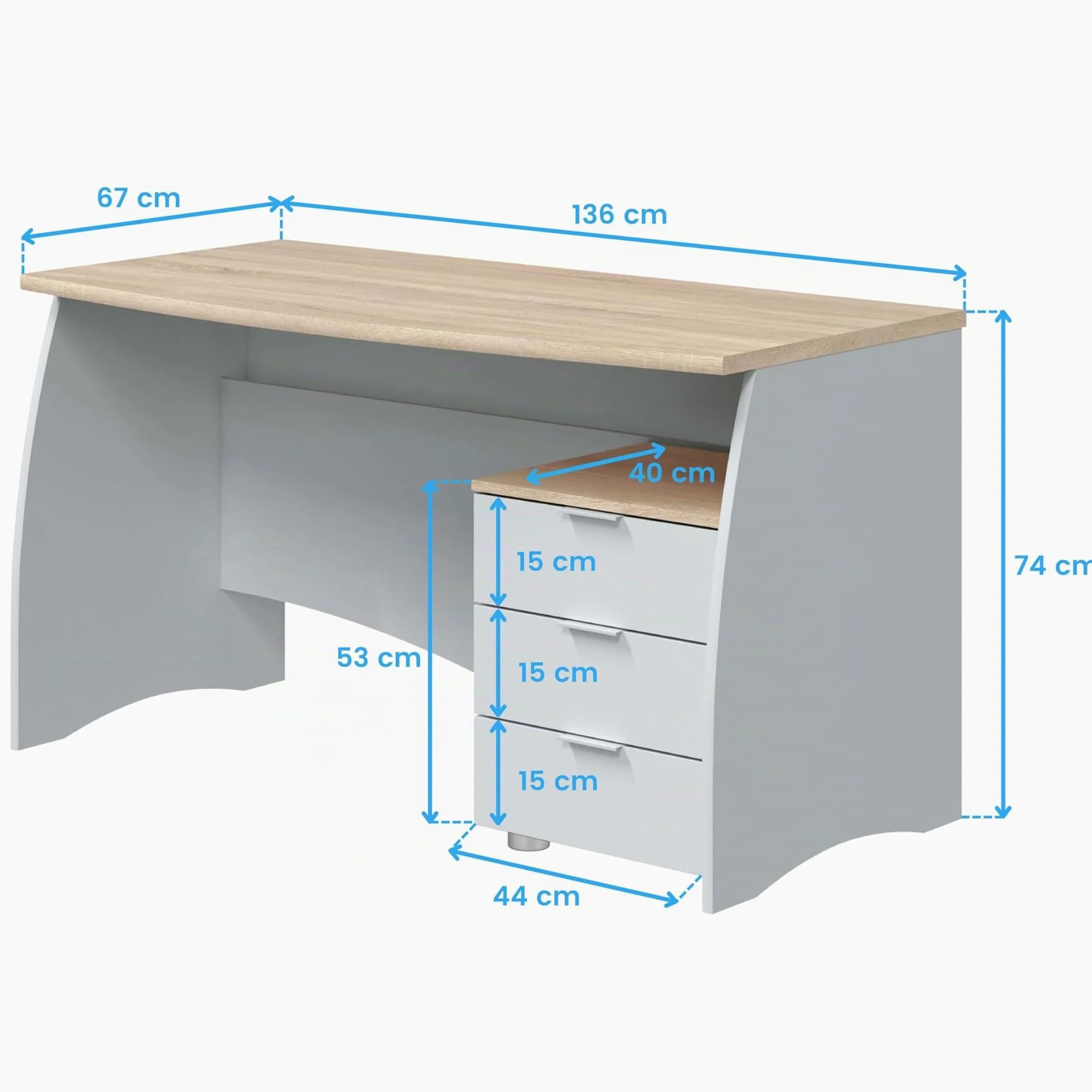 Habitdesign Tavolo da ufficio con 3 cassetti, tavolo da ufficio o studio, modello Stil, finitura in Balnco Artik e Rovere Canadian, dimensioni: 136 cm (larghezza) x 67 cm (fondo) x 74 cm (altezza)