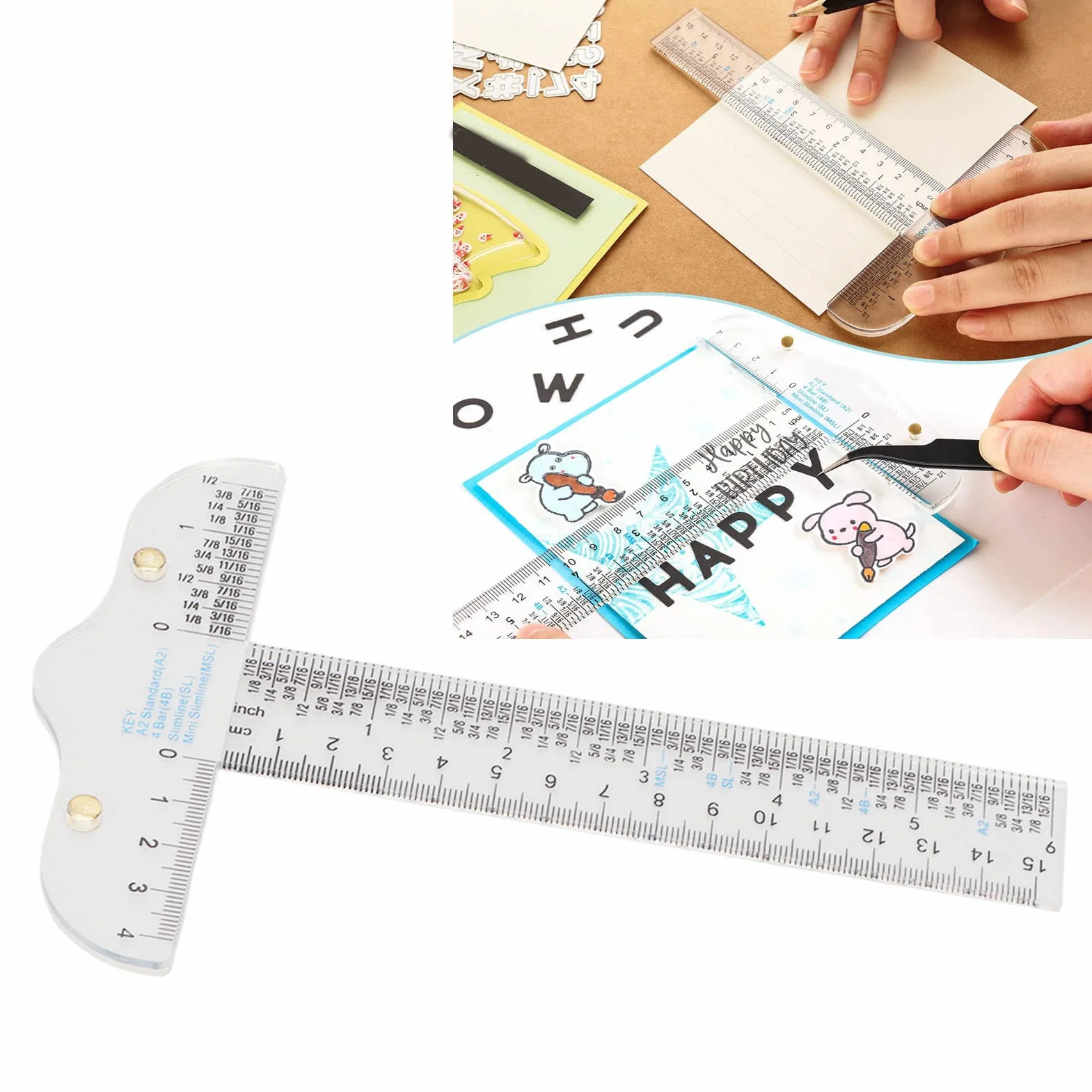 Righello a T in Acrilico Trasparente, Strumento di Misurazione con Scale in Pollici e Metriche, Righello da Disegno Portatile