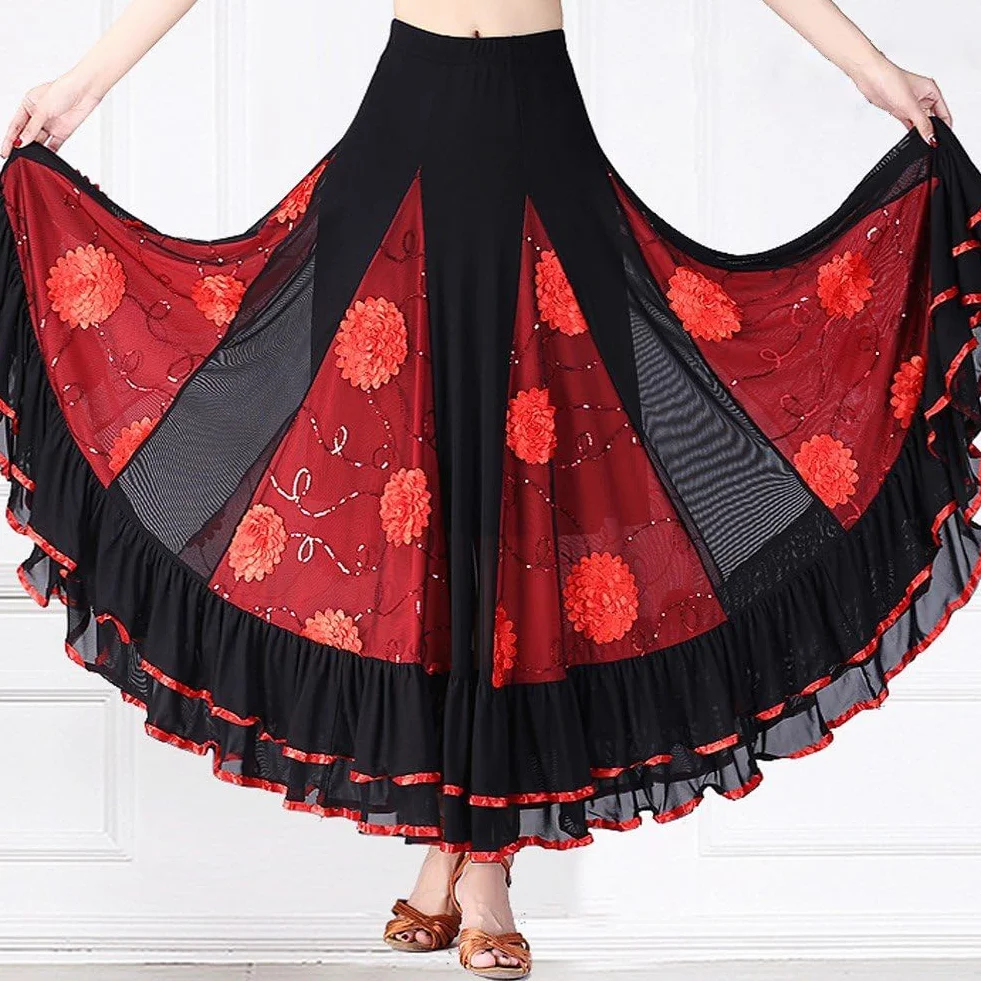 Gonna Lunga per Danza Sociale Gonna Grande Altalena Gonna Ballo Sala Gonna con Paillettes Gonna Danza del Ventre Abito Competizione di Danza Moderna Abito Prestazione