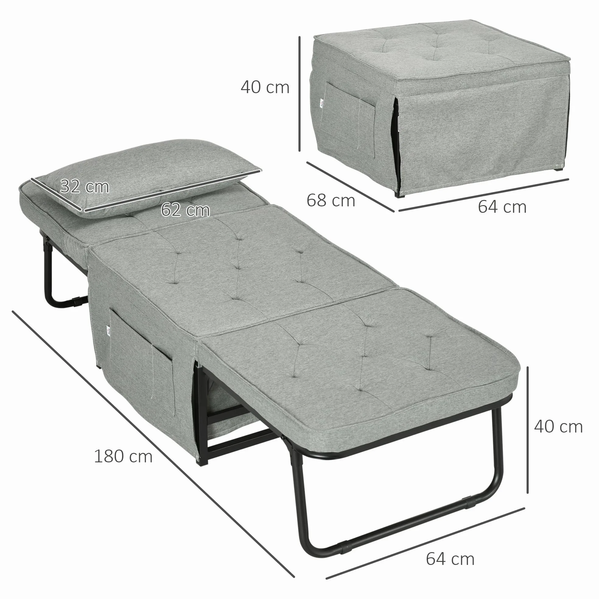 HOMCOM Poltrona trasformabile 4 in 1 con schienale reclinabile in 5 posizioni, cuscino e tasca portaoggetti - 180 x 64 x 40 cm - grigio chiaro