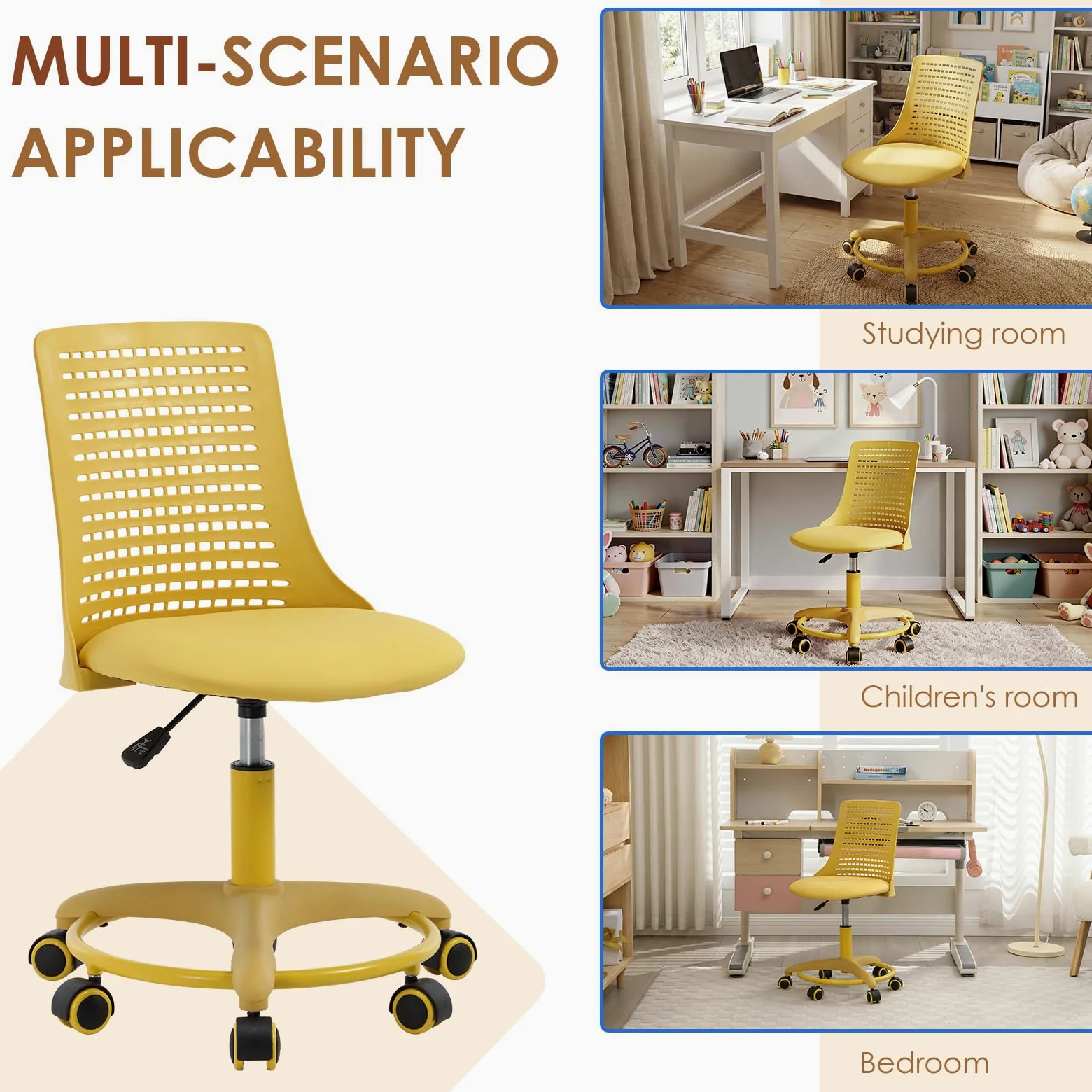 Ya-Home Sedia da Scrivania per Bambini Sedia Girevole Regolabile in Altezza Sedia Studio Bambina senza Braccioli Sedia Gioco Bambino con Schienale Sedia Bambini con Poggiapiedi per Cameretta, Giallo