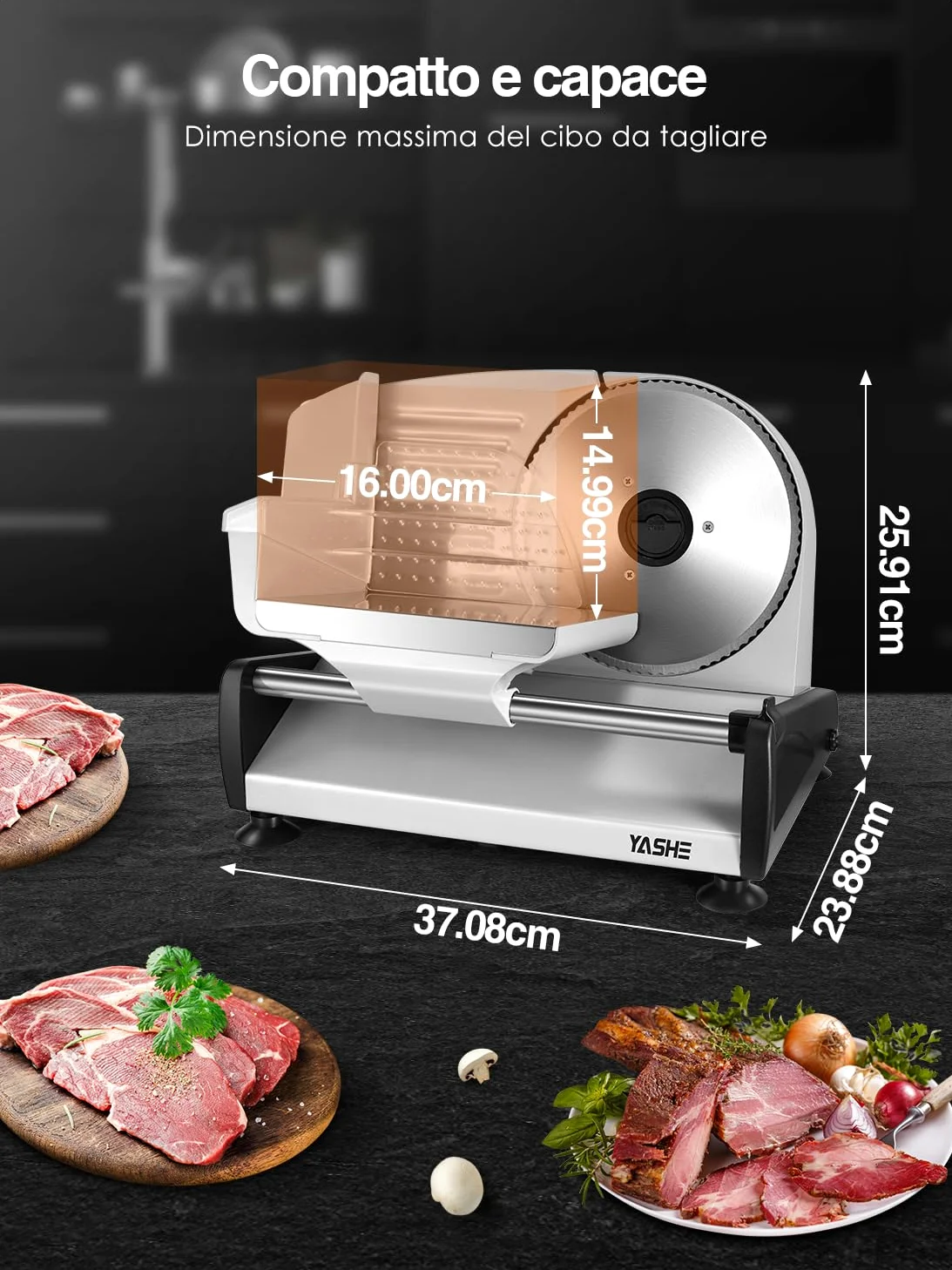 YASHE SL-518 Affettatrice Elettrica da Casa - Affettatrice Professionale 250W con Spessore Regolabile da 0 a 15mm, 2 Lame Rimovibili in Acciaio Inox da 19cm, Blocco di Sicurezza e Piedini a Ventosa