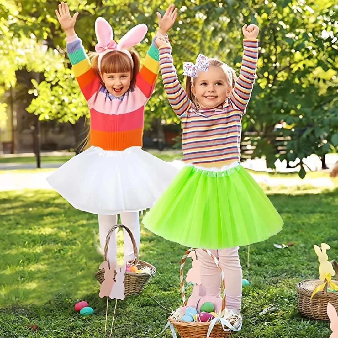 tulle Tutù gonna corta elasticizzata per bambine, gonna da festa in tulle 3 strati (giallo-verde)