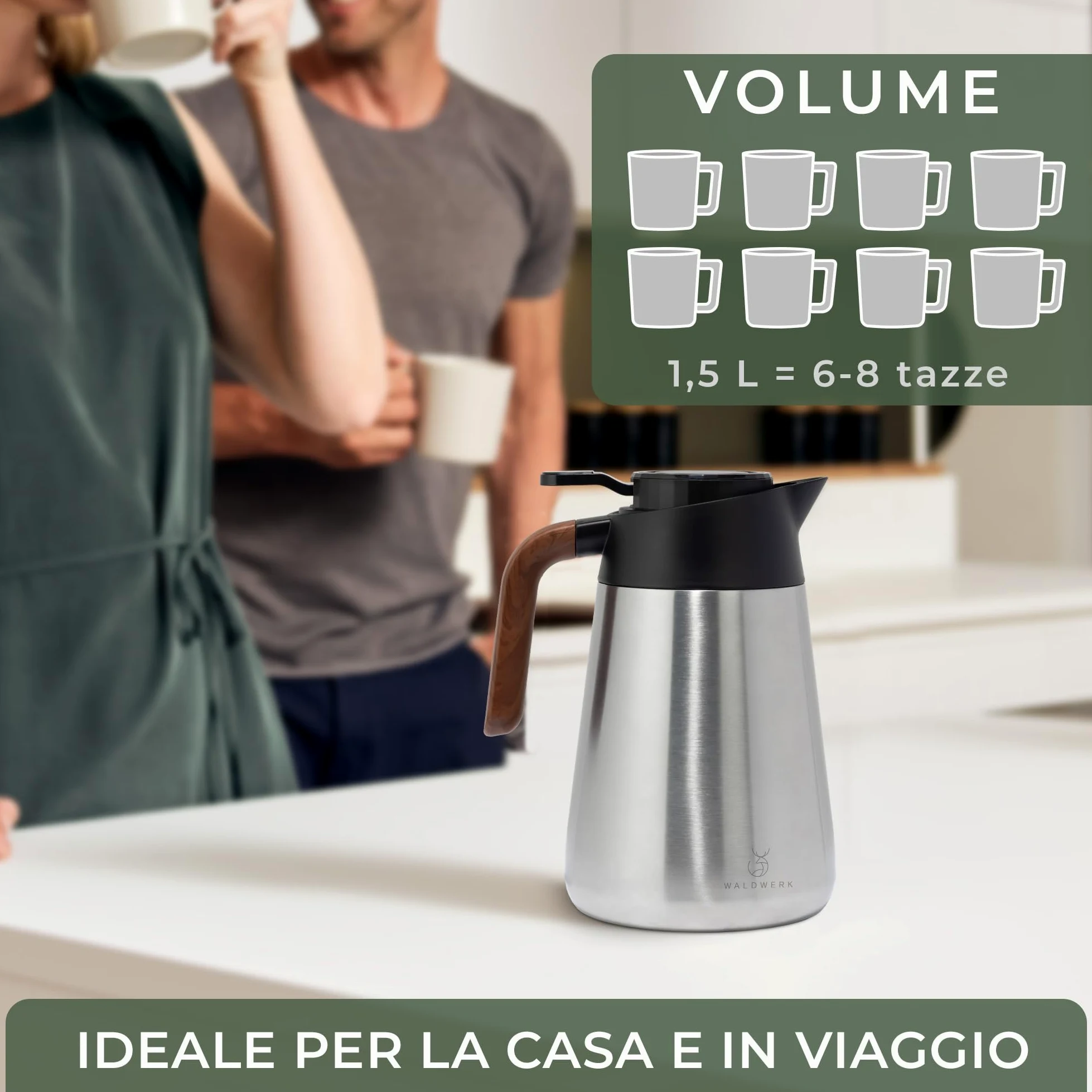 WALDWERK Caraffa Termica (1,5L) – Thermos Caffè in acciaio inox 304 a doppia parete – Brocca Isolante con beccuccio antigoccia – Bottiglia Termica per Caffè