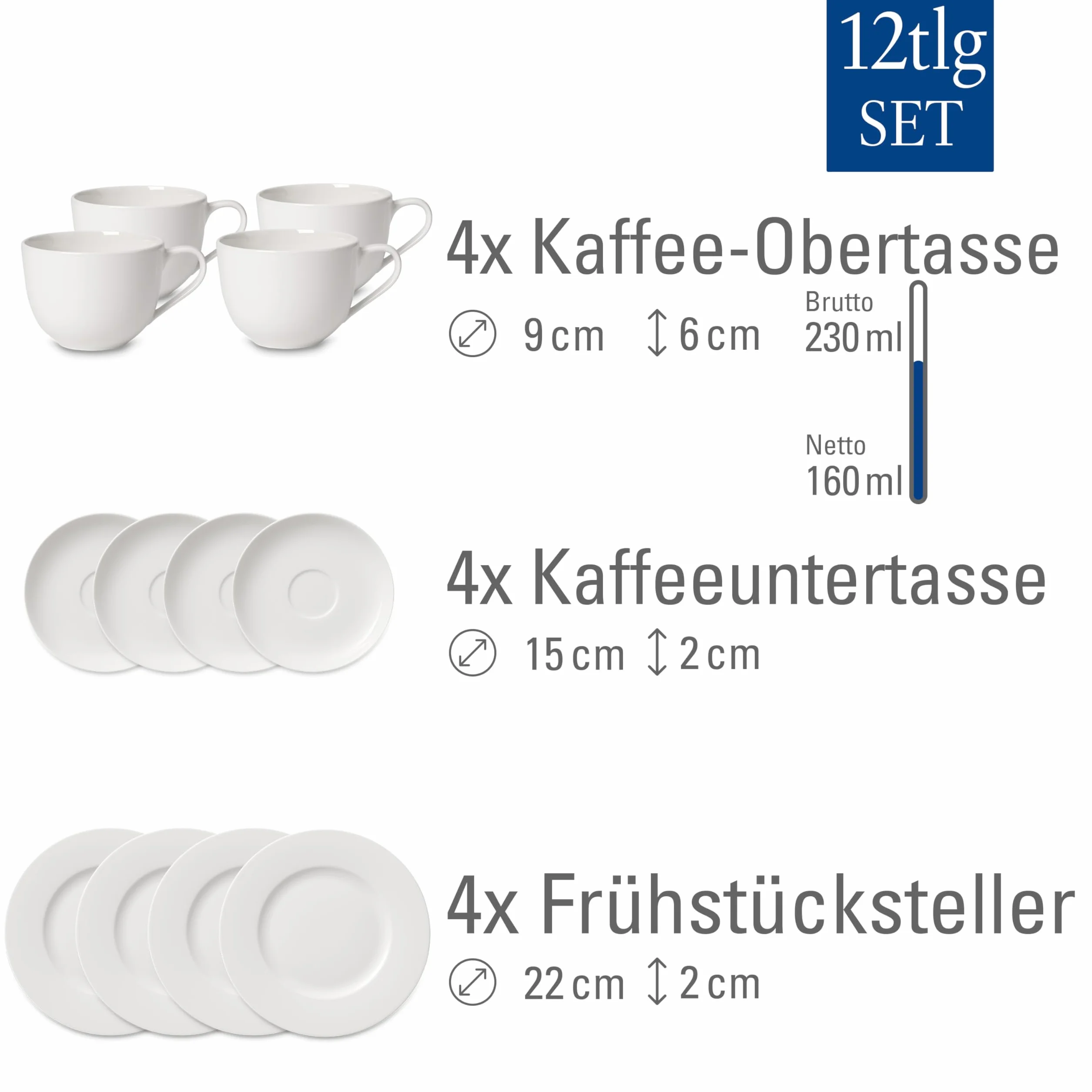 Villeroy & Boch for Me Coffee, Premium Porcellain, Bianco, Set per 4 Persone, 12 Pezzi