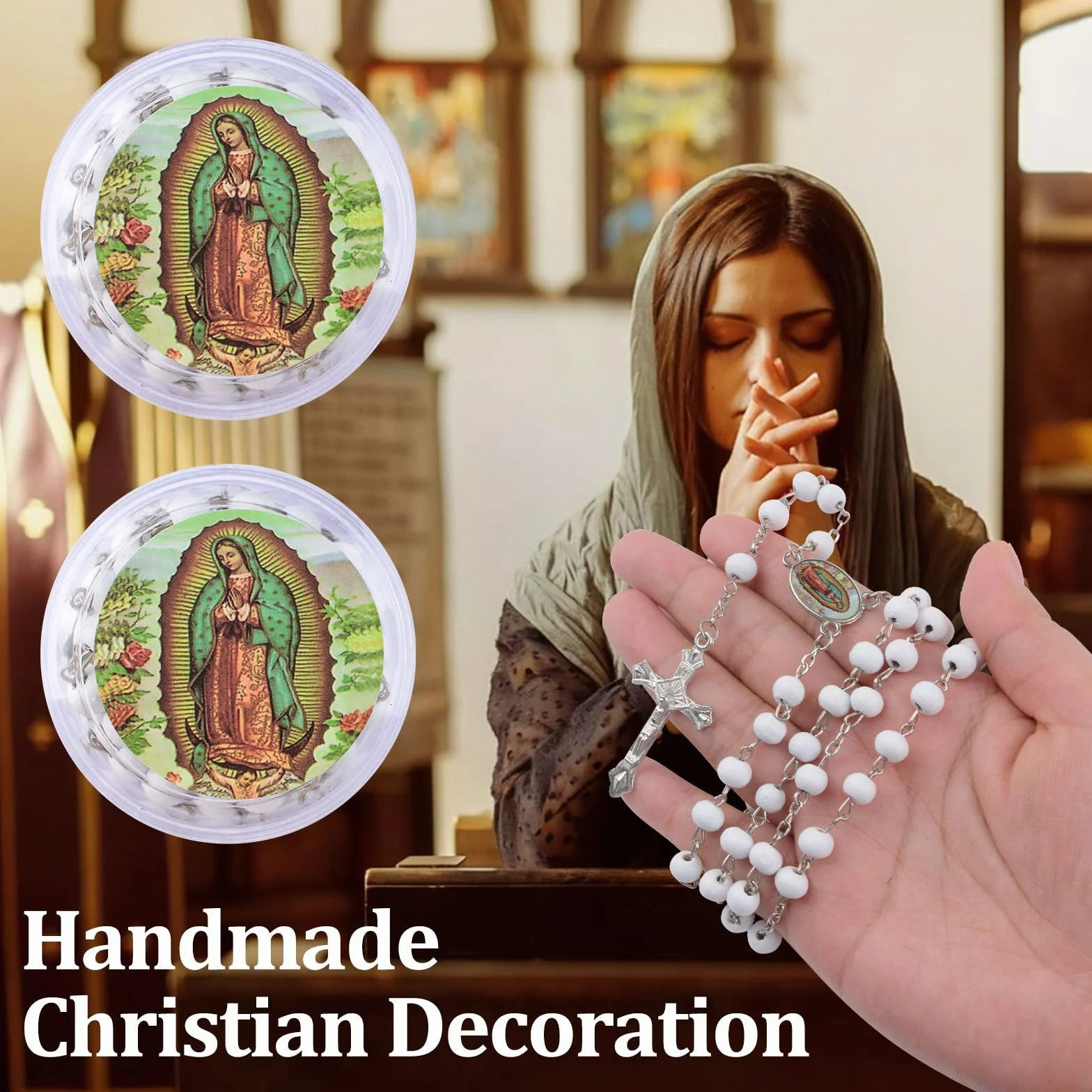 WANDIC Rosario in legno profumato bianco con ciondolo a forma di croce, rosario cattolico con scatola rotonda per bomboniere di battesimo e comunione, 24 pezzi