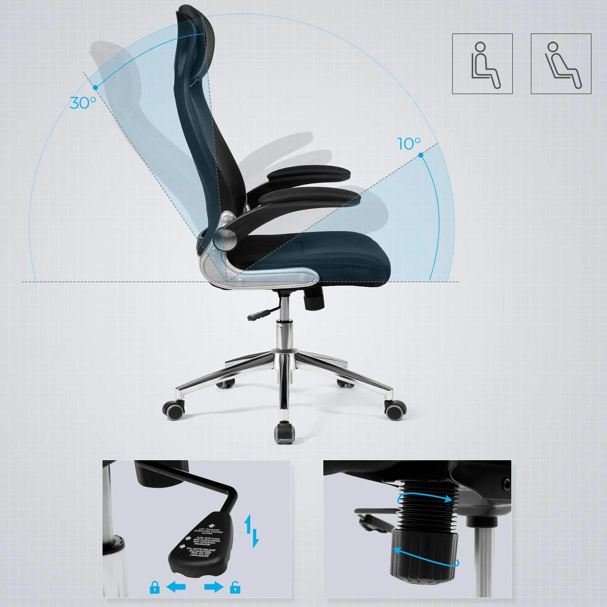 SONGMICS OBN86BK Sedia da ufficio ergonomica, girevole, con braccioli regolabili in altezza, schienale in tela traspirante, nera, 64 x 55 x (117-126,5) cm