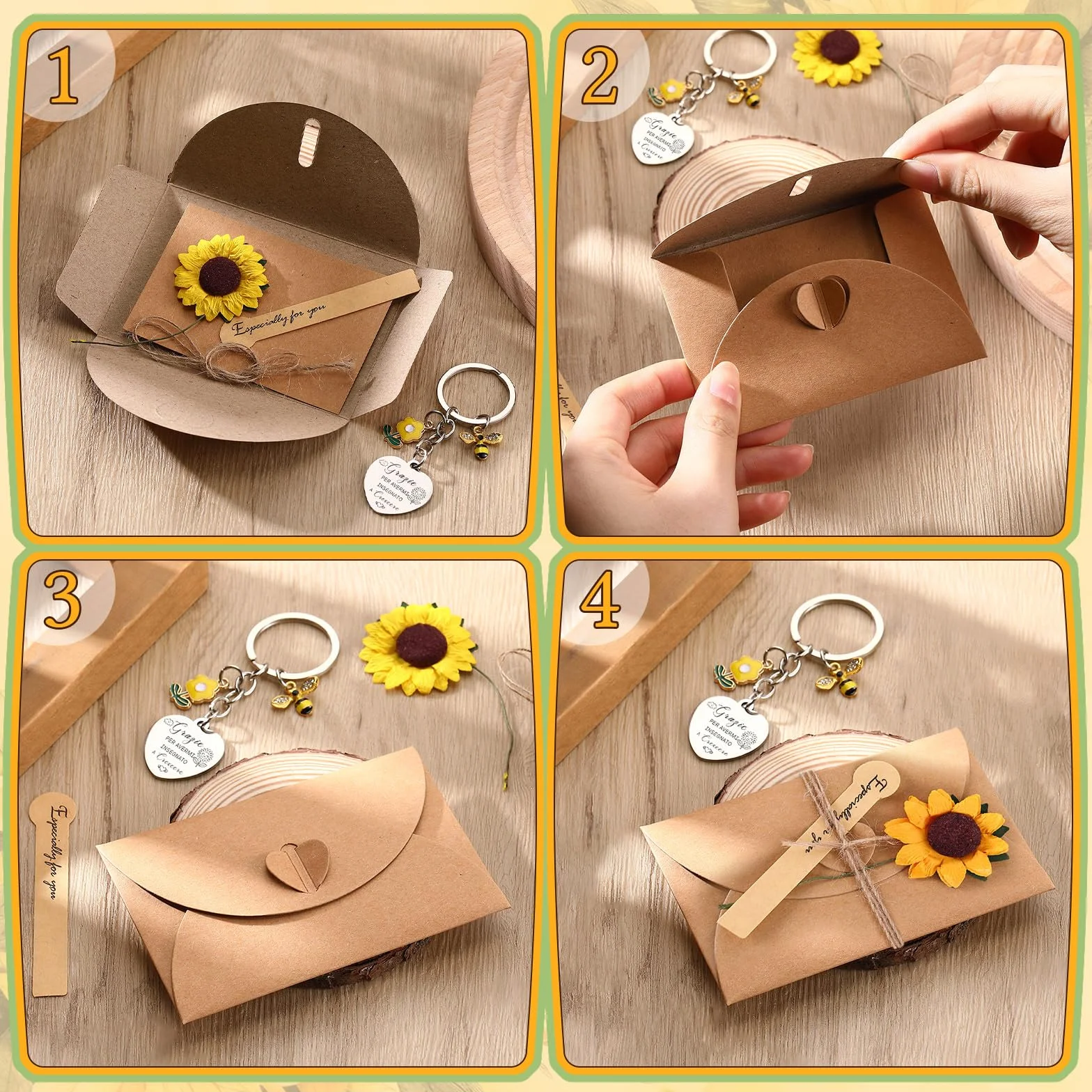 Zomiboo 2 Set Regali di Apprezzamento per Insegnanti Geazie per Avermi Insegnato a Crescere Bambola Girasole Positiva Portachiavi Maestra Biglietti di Auguri con Fiori Secchi Regalo Maestre Asilo