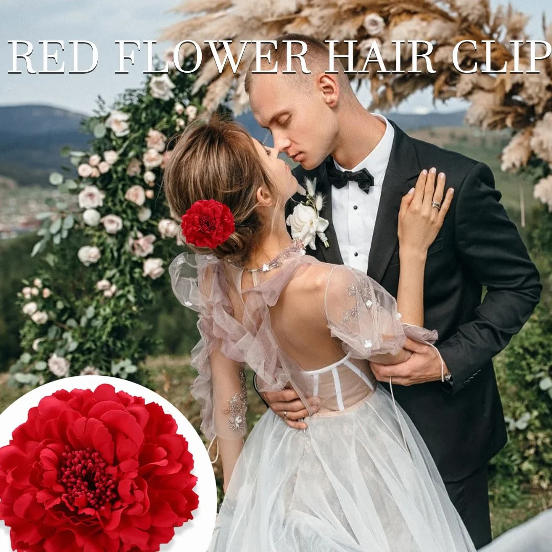 Fermaglio Hawaiana Fiori Orchidea Nuziale Capelli Clip Chiffon Rosso 2 Pezzi