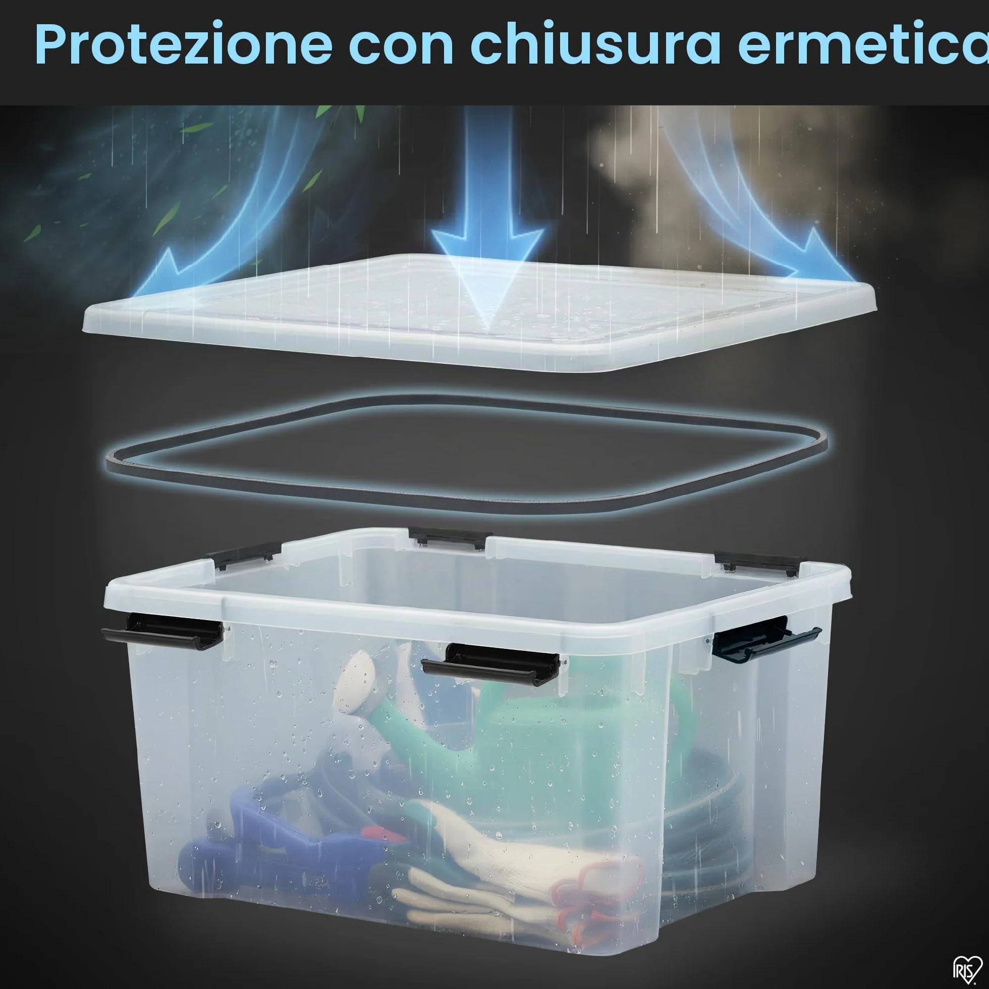 Iris Ohyama Scatole Portaoggetti Ermetiche 50L Set 2 Trasparente Coperchio Impermeabile Impilabile Antipolvere Senza BPA