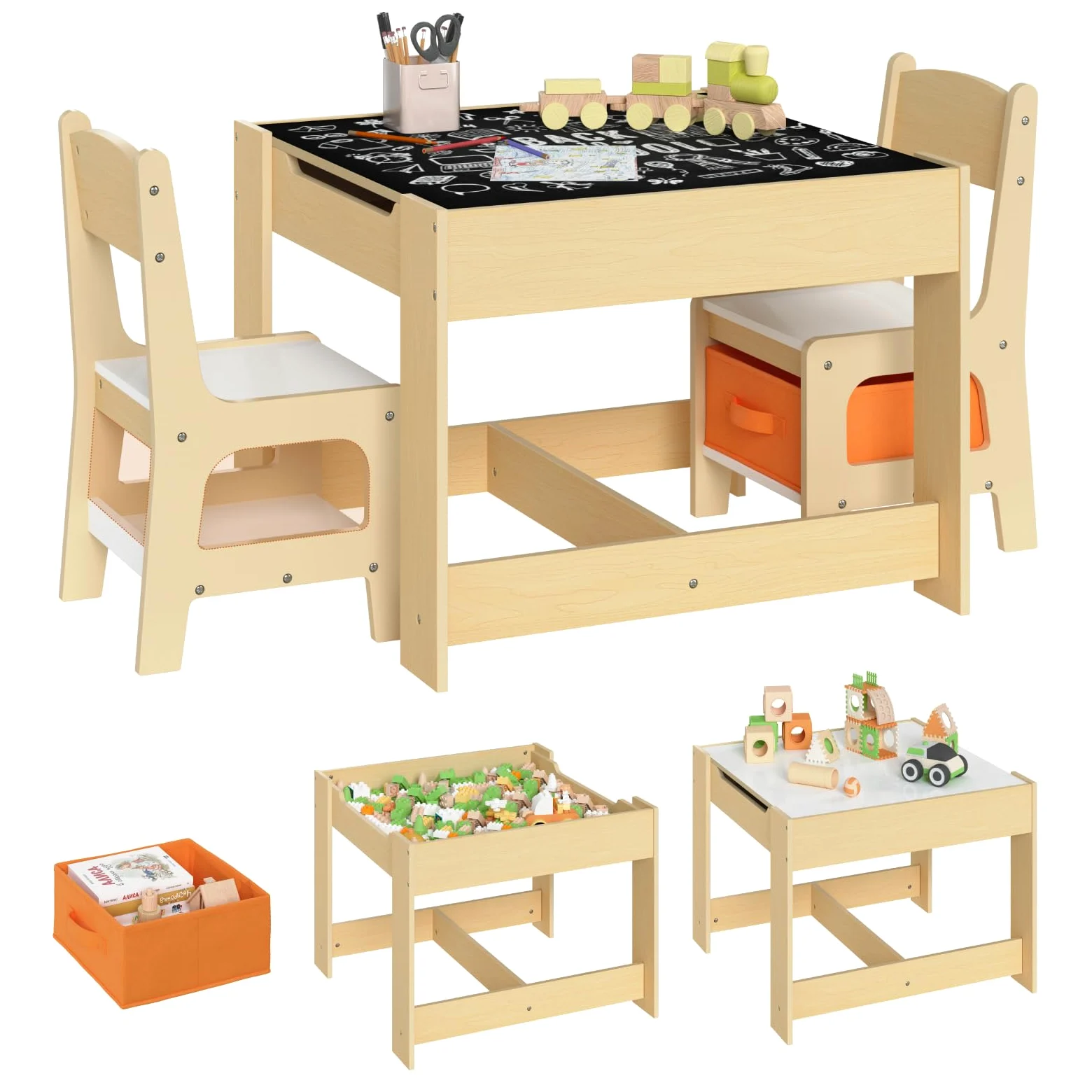 WOLTU Set Mobili con Lavagna Contenitore Tavolo e Sedie per Bambini Soggiorno Tavolino con 2 Sgabelli in Legno