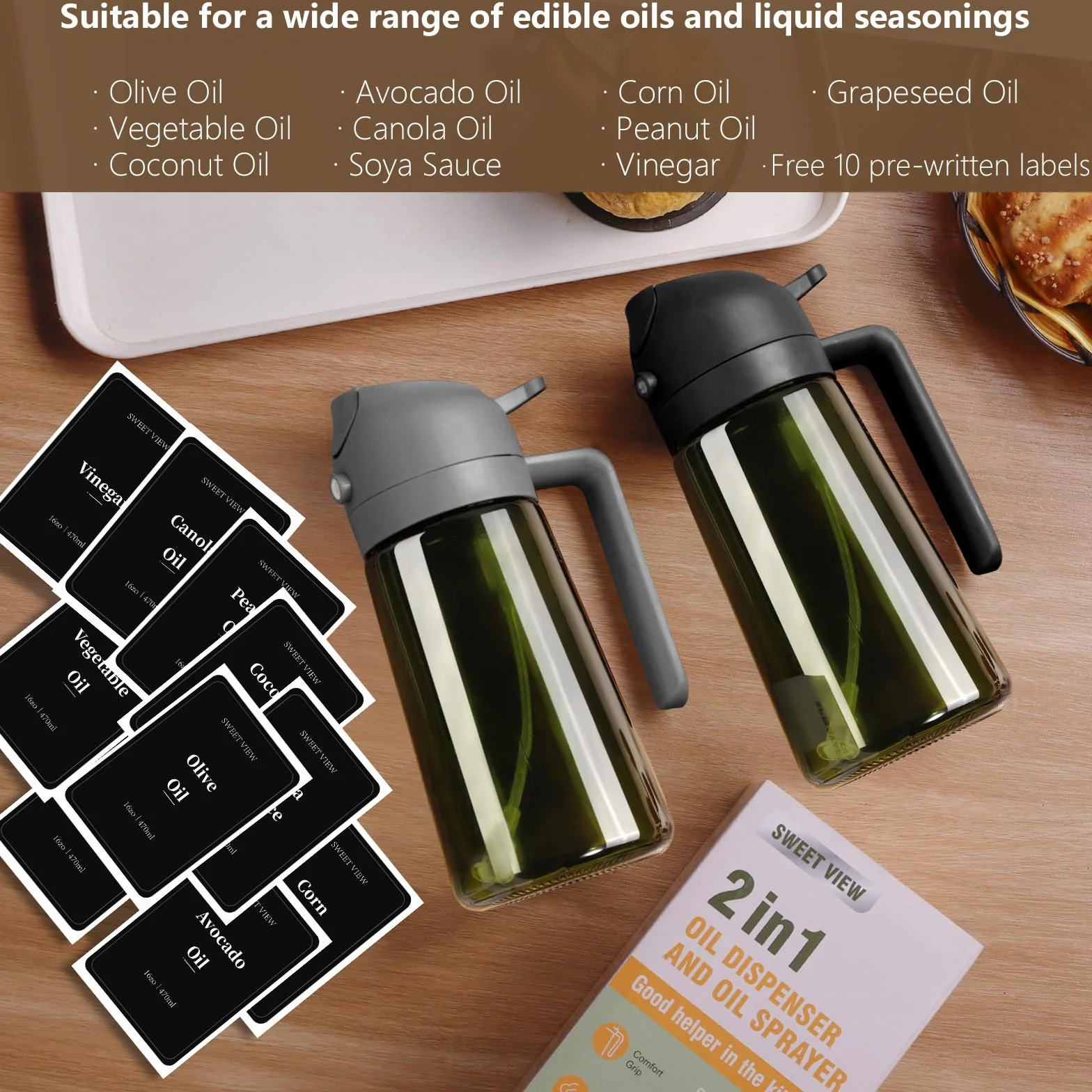 Spruzzatore Olio 470 ml Vetro Resistente alla Luce per Cucina Friggitrice Aria Insalata Barbecue