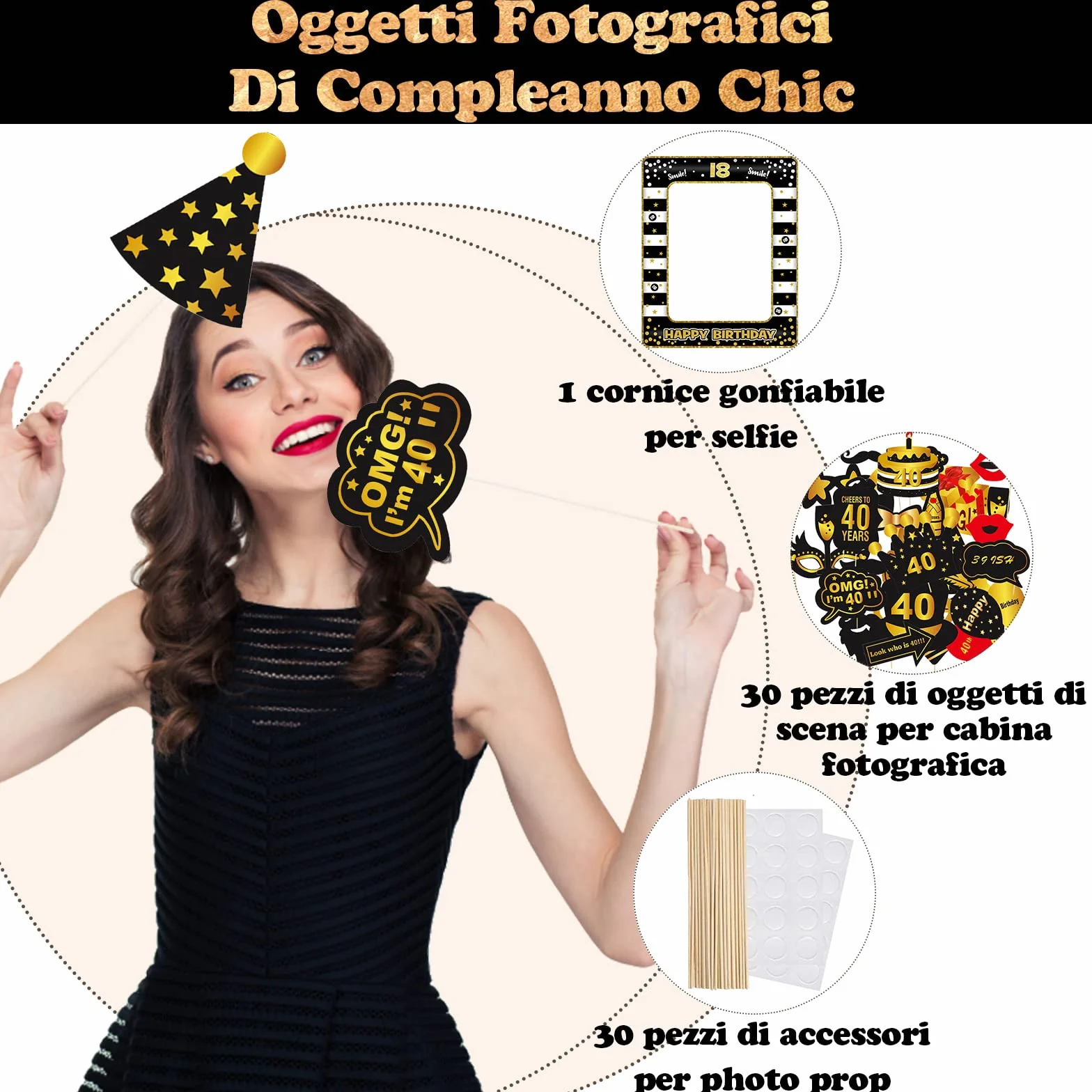 VEGCOO Gadget Foto Props Accessori Kit 32 Pezzi Photo Booth Compleanno 40 Anni