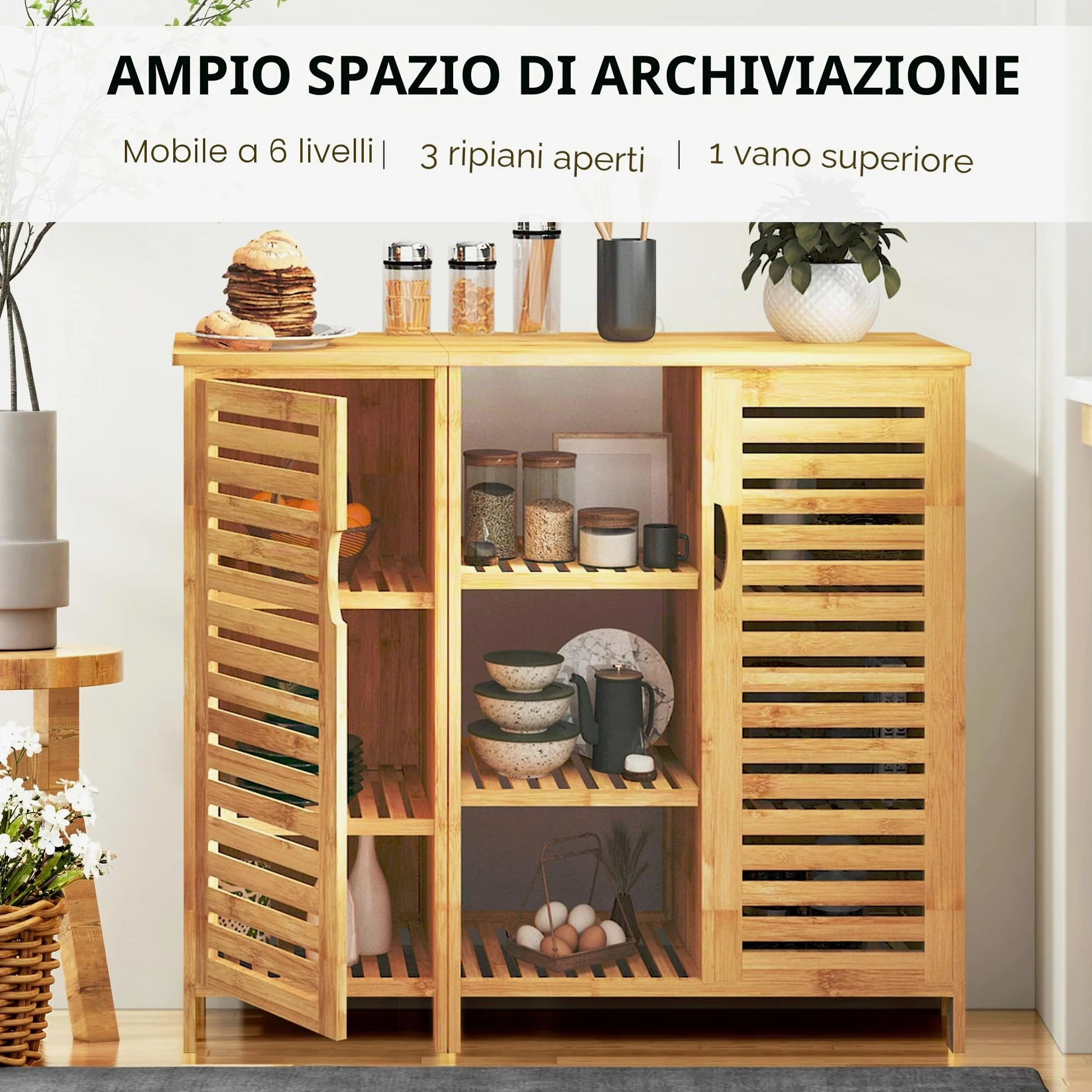 SogesPower Armadietto Portaoggetti da Bagno in Bambù Credenza Autoportante per Soggiorno, Cucina, Ufficio Domestico