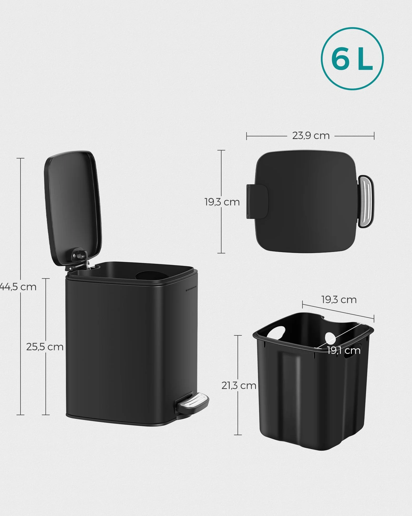 SONGMICS Pattumiera da Bagno 6 L Cestino a Pedale Acciaio Nero Coperchio a Chiusura Morbida
