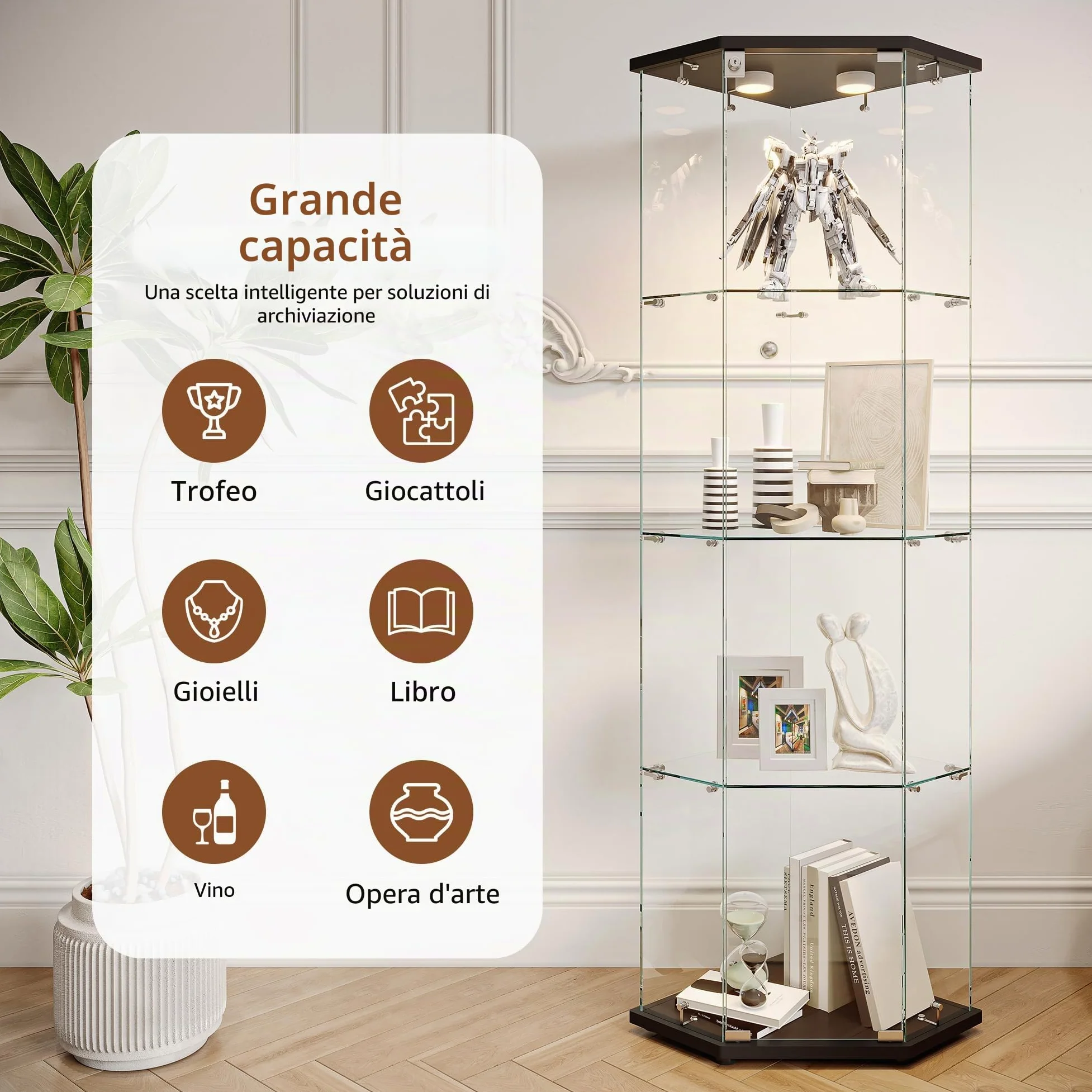 Vetrina Angolare in Vetro con illuminazione a LED, Espositiva Vetrina a 4 Strati da Collezione con Serratura, per Oggetti da Collezione, Libri, 4 Ripiani 1 Ante, Nero A