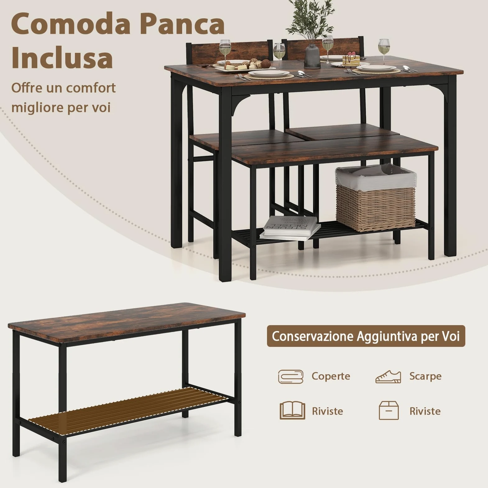 RELAX4LIFE Set Tavolo e Sedie da Cucina con Tavolo da P ranzo, Panca e 2 Sedie, 4 Posti, in Design Industriale gruppo sedute con Ripiano in MDF e Struttura in Metallo (marrone rustico)