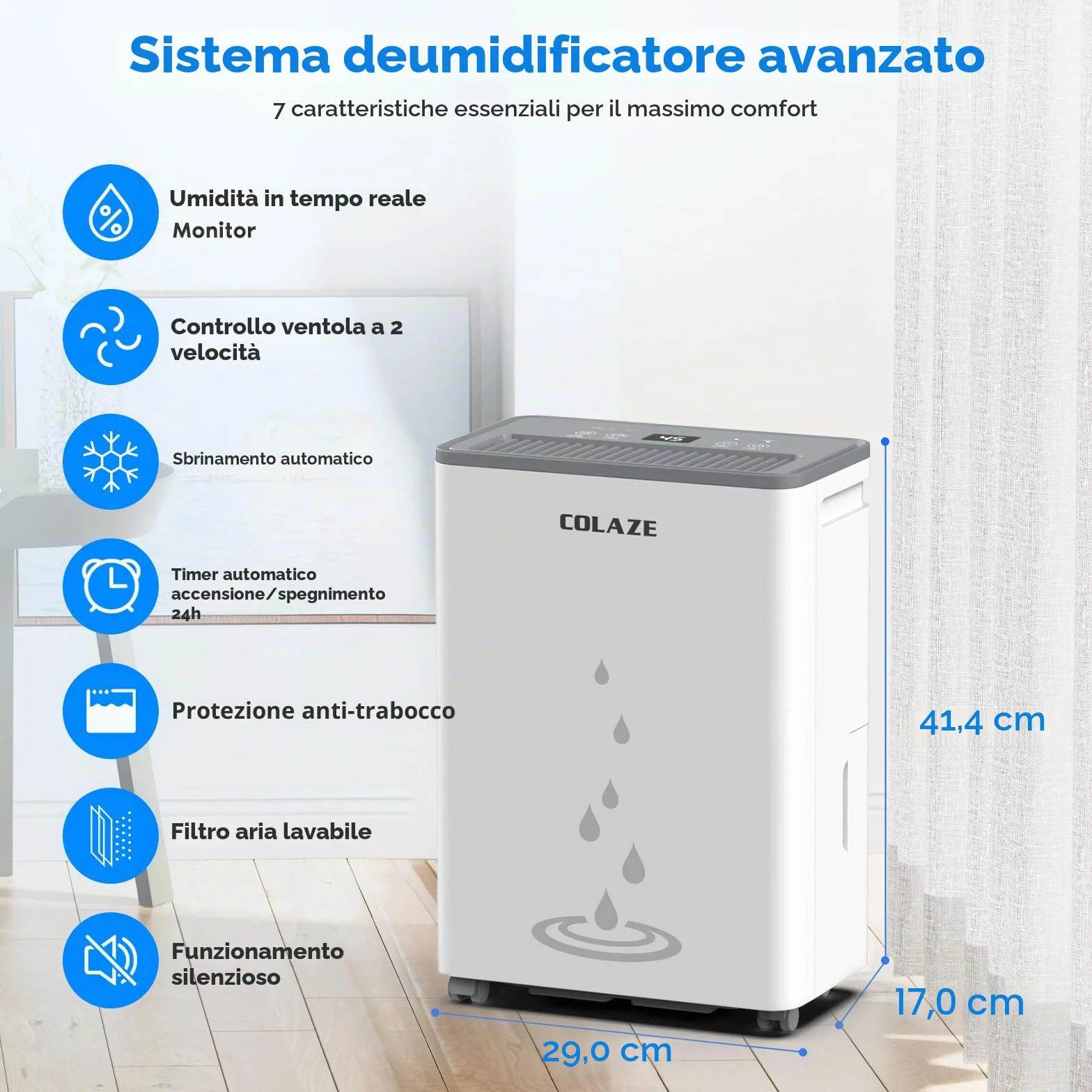 COLAZE Deumidificatore Casa Muffa 20L/24h, Adatto fino a 50㎡, Deumidificatore a Compressore Portatile Silenzioso, Timer 24 ore, Ideale per umidità e condensa