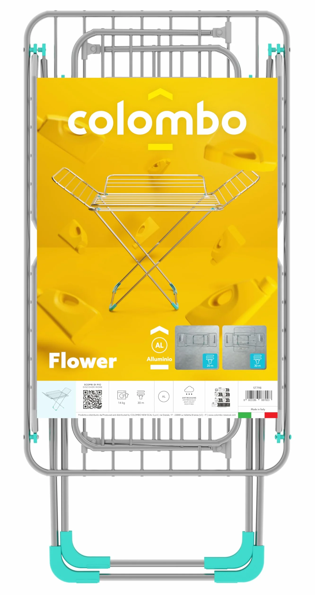 Colombo Stendino da Terra Flower | Stendibiancheria da Pavimento in Alluminio con 4 Ali Estensibili, Stendino Estensibile per Interno ed Esterno | 30 Metri di Stenditura | Made in Italy