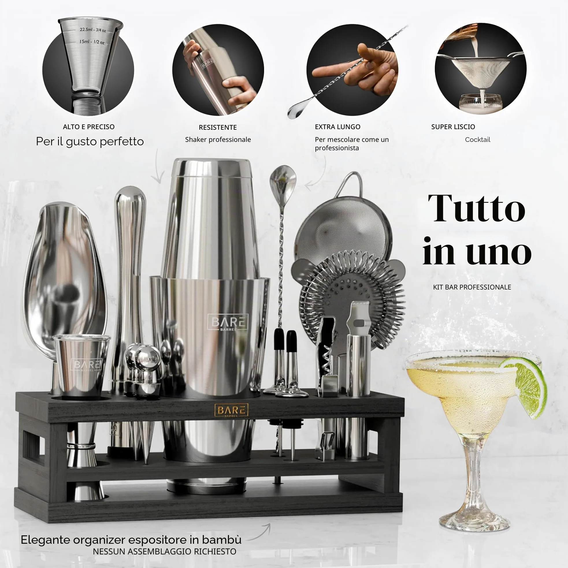 BARE BARREL Kit per la preparazione di cocktail, kit da barista da 16 pezzi, shaker per cocktail, espositore in bambù e 35 biglietti di ricette, set regalo per cocktail mixology (shaker Boston da 800