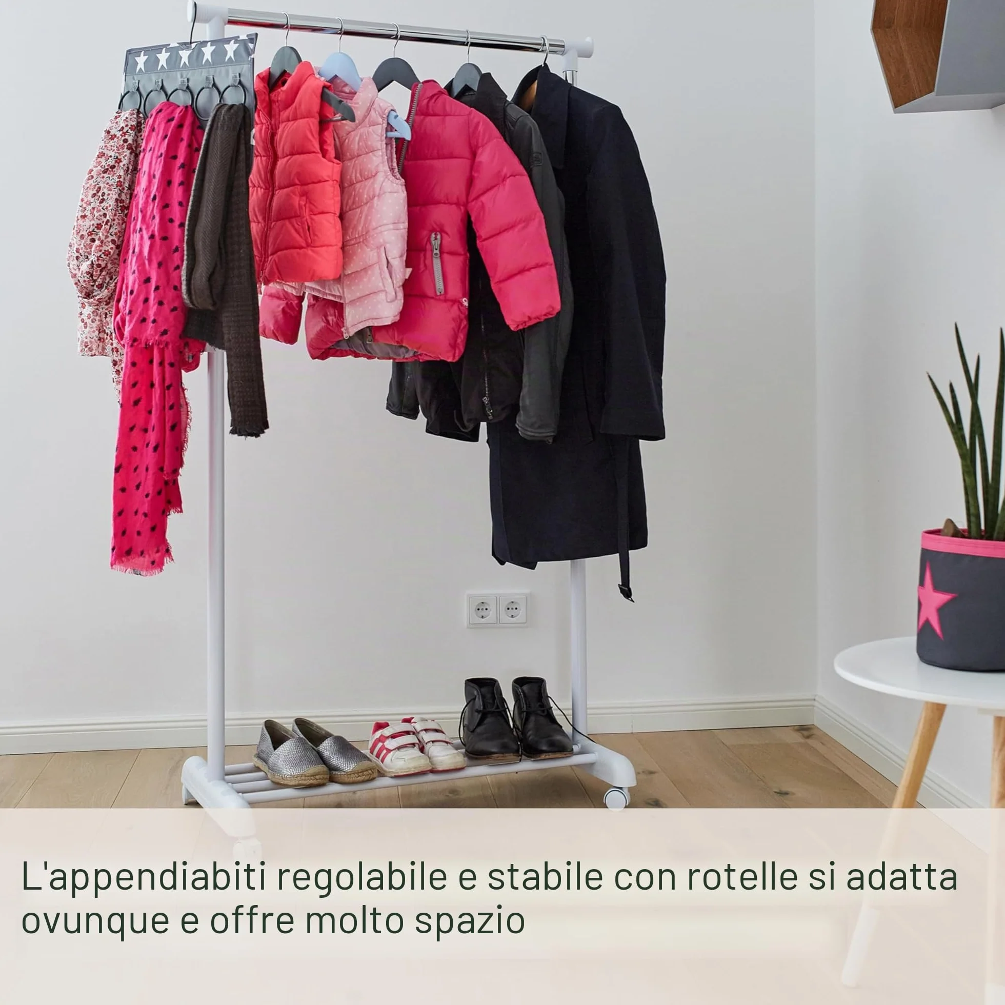 Stand Appendiabiti con Ruote Regolabile in Altezza Metallo Cromato Bianco 84x44x110-165 cm