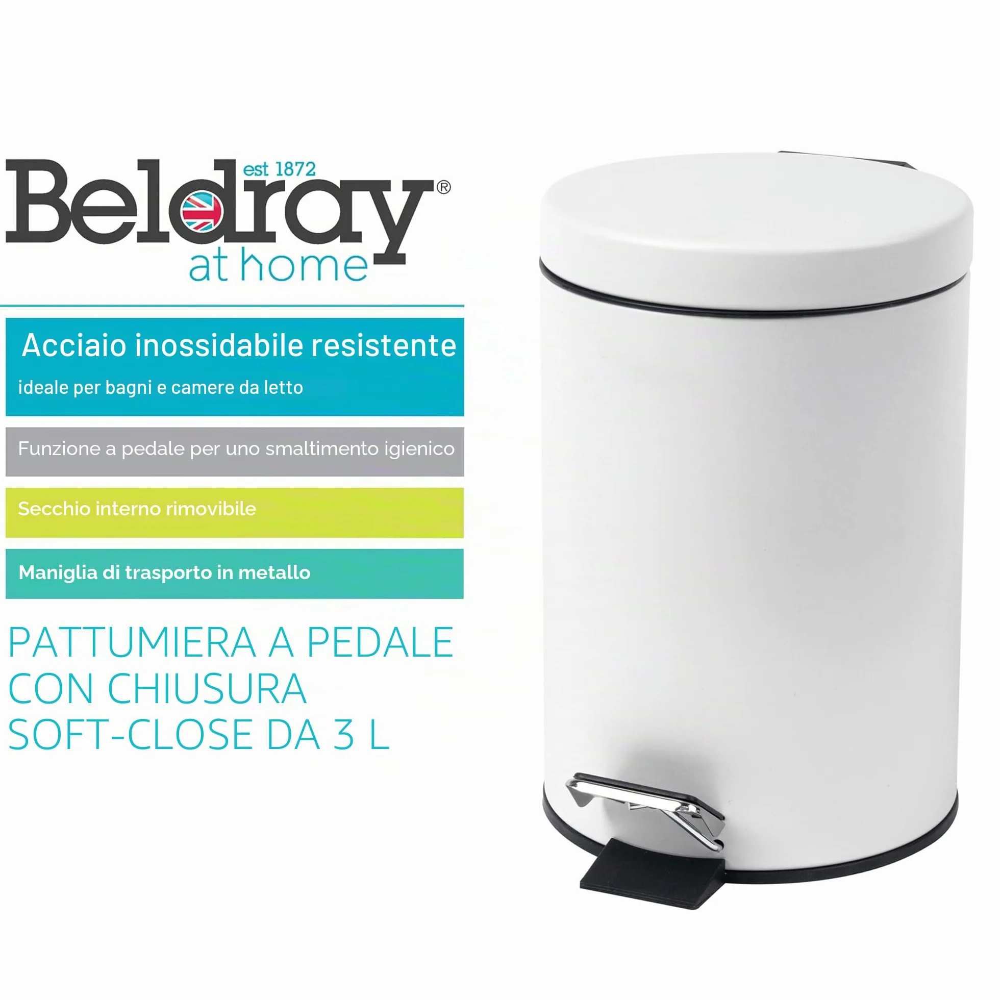 Beldray LA038098WHT Pattumiera rotonda con coperchio a chiusura ammortizzata, capacità 3L, con pedale intelligente, facile da svuotare, smaltimento rifiuti, contenitore rifiuti, bianco