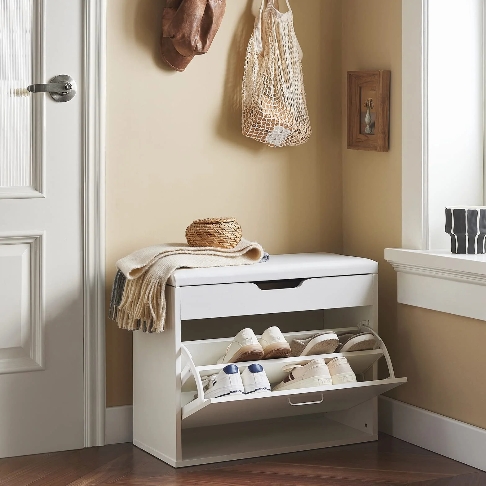 SoBuy Scarpiera Salvaspazio Slim Ingresso Panca con Contenitore Nascosto Bianco 60x30x50cm 120kg FSR95-W