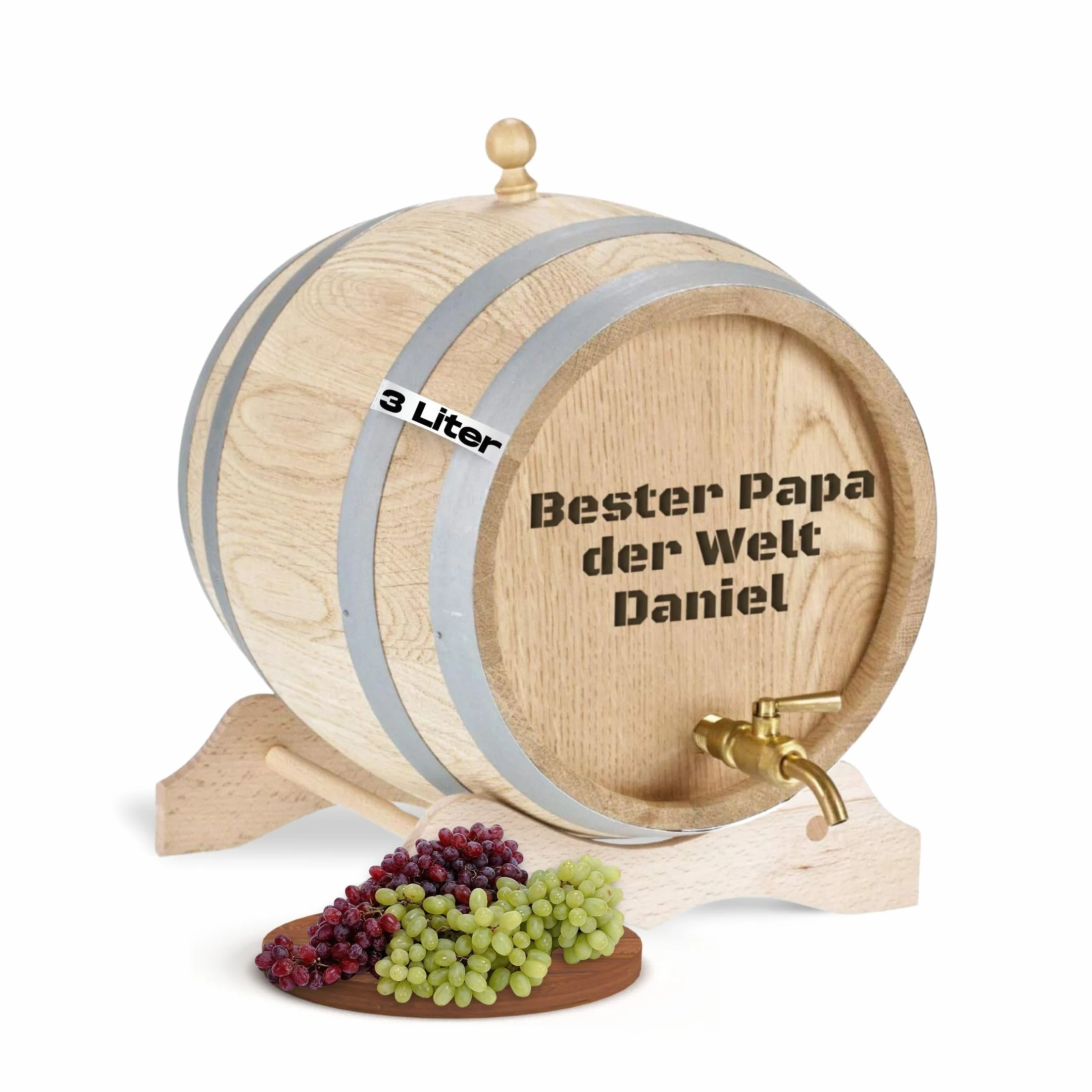 Barile in legno con incisione personalizzata e rubinetto in ottone, botte in rovere massiccio, con nome come regalo di compleanno, Natale (3 litri)