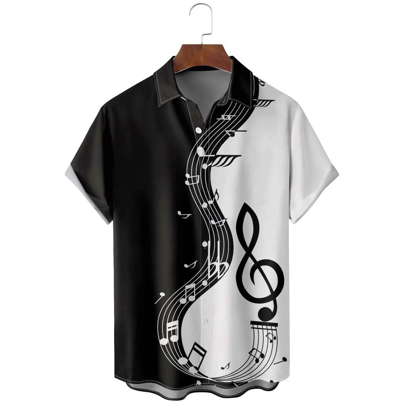 Camicia Uomo Casual Stampa Patchwork Musicale Maniche Corte Polsini Rinforzati