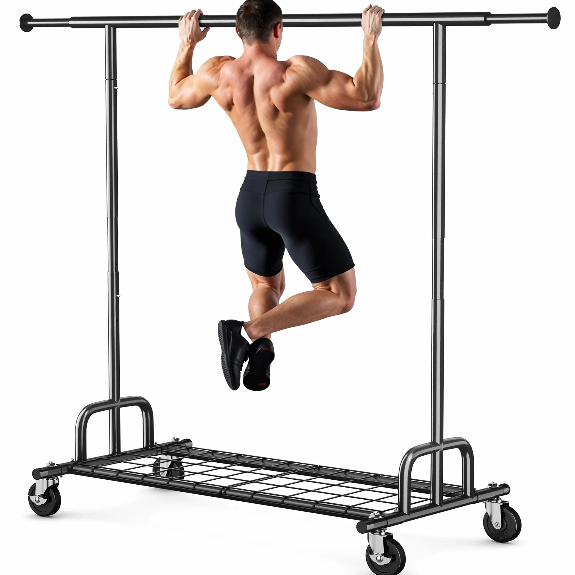 HOKEEPER Appendiabiti da Terra Resistente 238kg, Barra Estensibile con Ruote Bloccabili e Ripiano, Salvaspazio per Camera da Letto, Appartamento, Lavanderia, Nero