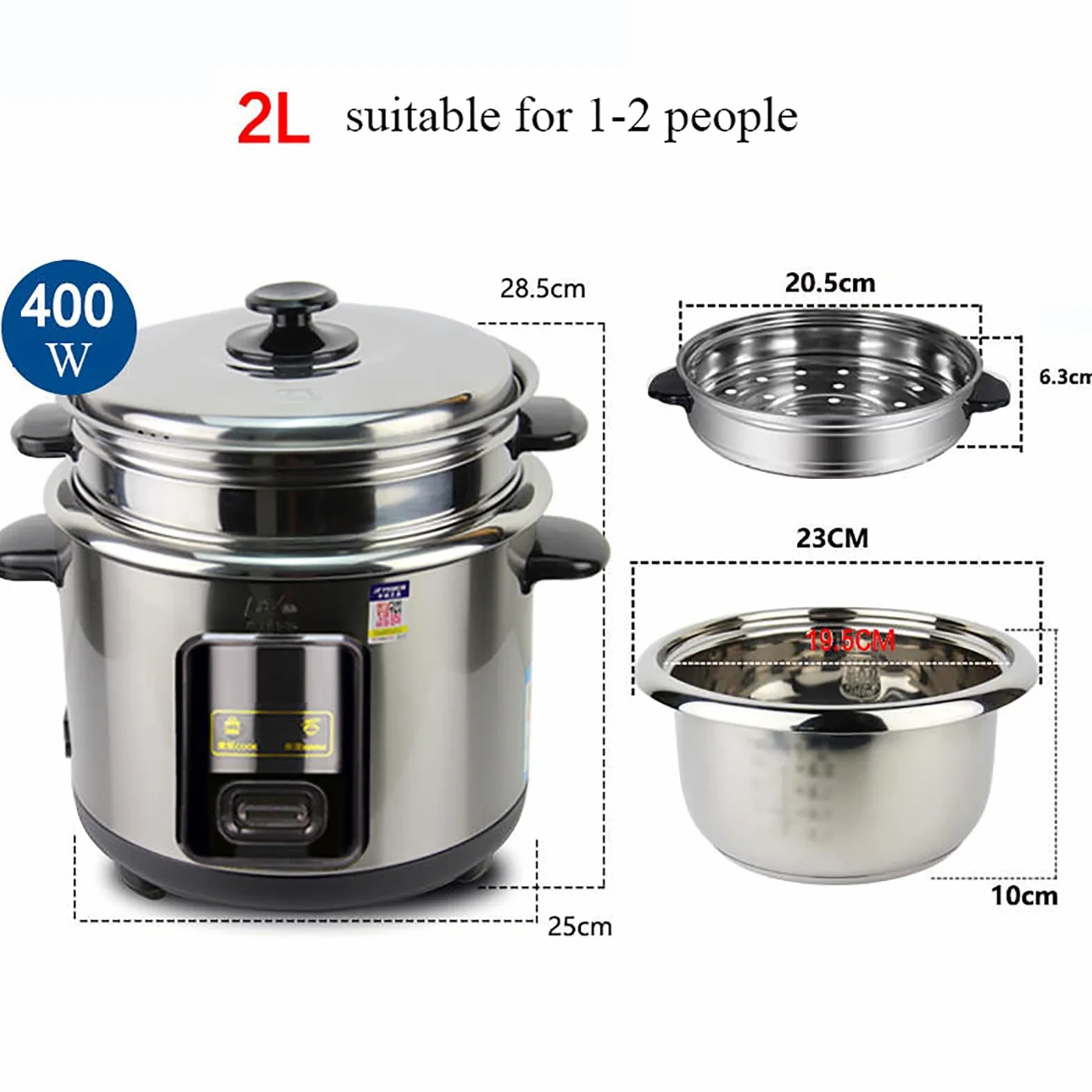 Cuociriso (2-6L) Pentola interna in acciaio inossidabile 304, isolamento intelligente, prepara riso e cibo a vapore e verdure, alimentazione 220-240V US/EU(4L)