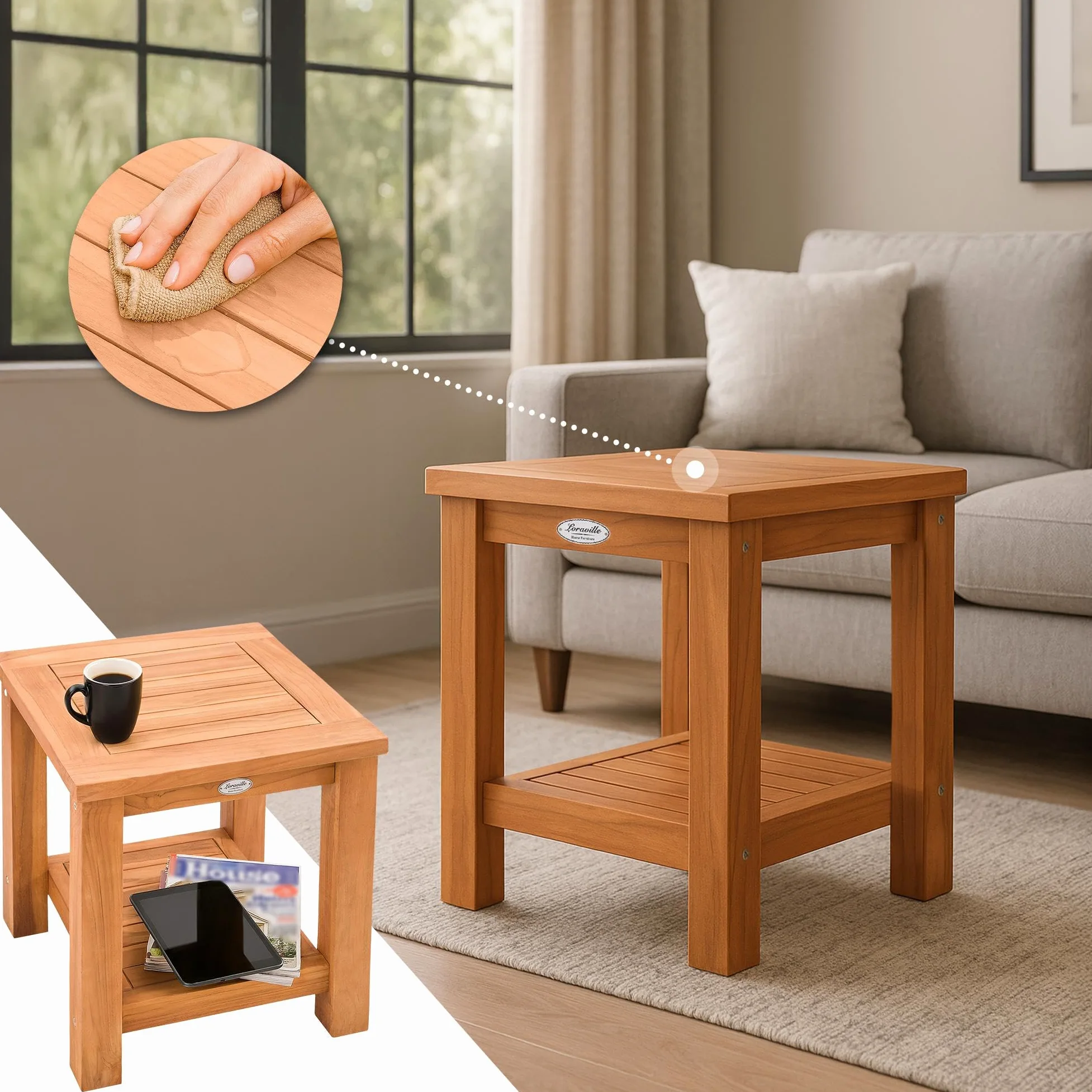 CLP Tavolino da Esterno Keaton in Teak, Tavolo da Giardino Resistente alle intemperie con Due Ripiani, Tavolo in Teak per Giardino, Colore:Teak