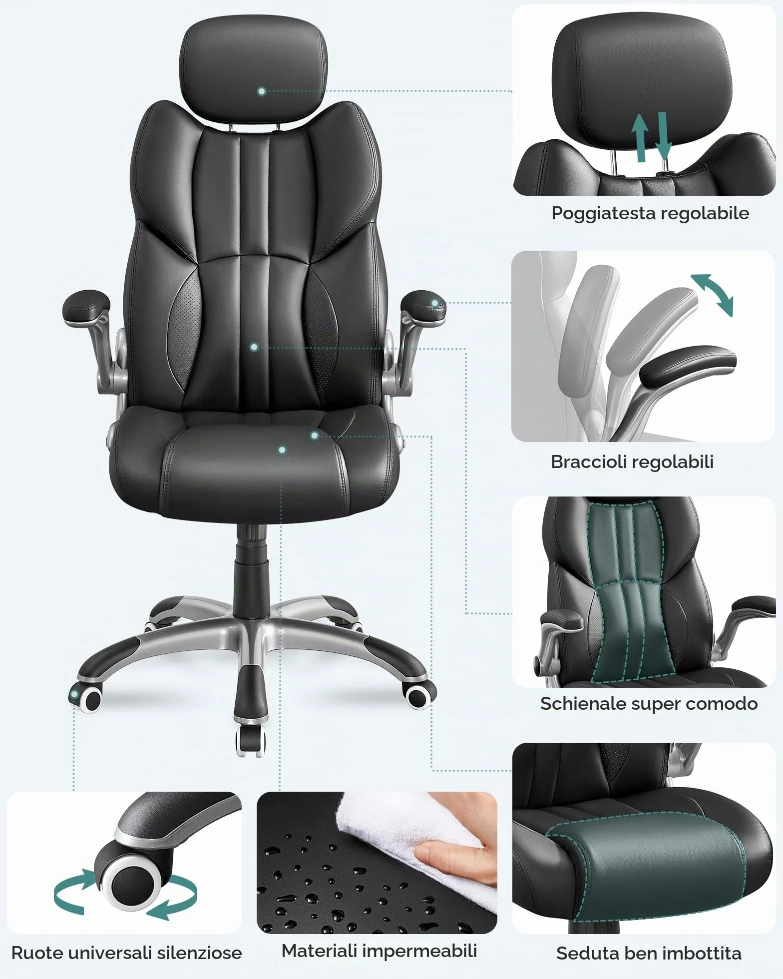 SONGMICS Sedia da Ufficio, Poltrona Girevole Ergonomica, con Braccioli Pieghevoli, Base a Stella in Nylon, Carico Massimo 150 kg, Nero OBG65BK