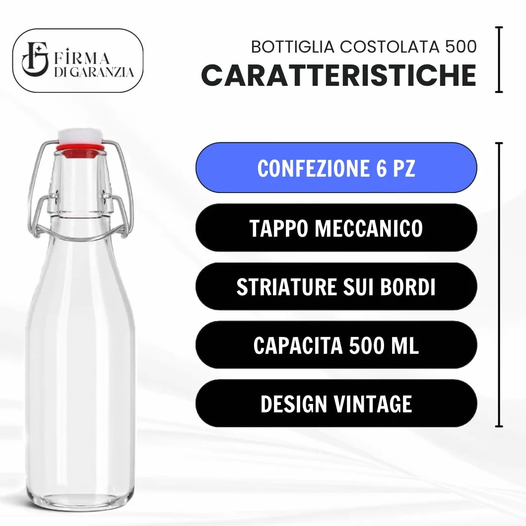 Bottiglia Costolata vuota Acqua Vino Vintage Milly 500cc Mezzo litro Tappo Meccanico Ermetico Set 6 Pezzi